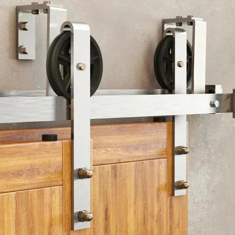 Spoke Wheel Brushed Nickel Double Track Bypass Barn Door Hardware Kit