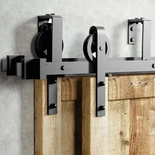 Spoke Wheel Black Double Track Bypass Barn Door Hardware Kit