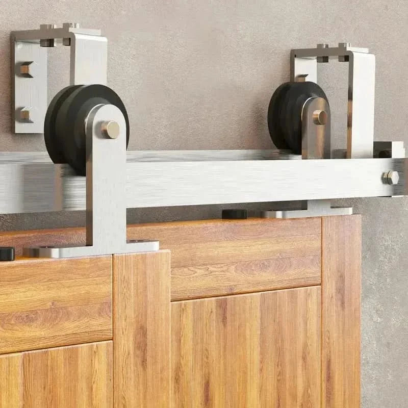 Straight Top Mount Brushed Nickel Double Track Bypass Barn Door Hardware Kit
