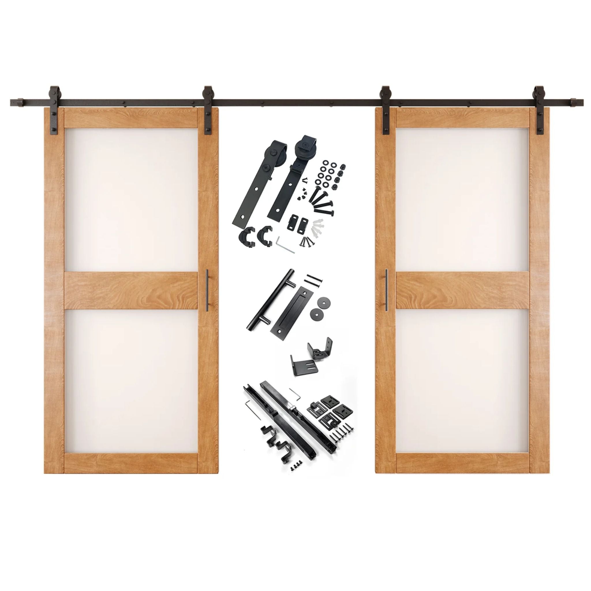 Early american barn door hardware set with two wooden sliding glass panel doors on a white background