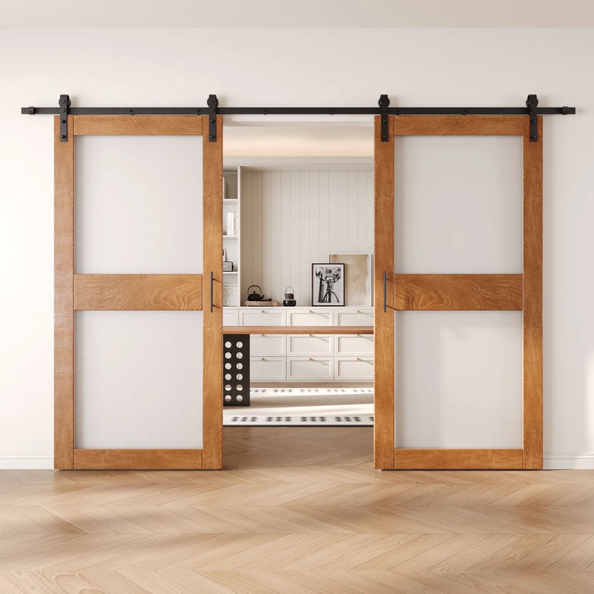 Early american wooden sliding glass panel barn doors with black hardware in a modern interior setting.
