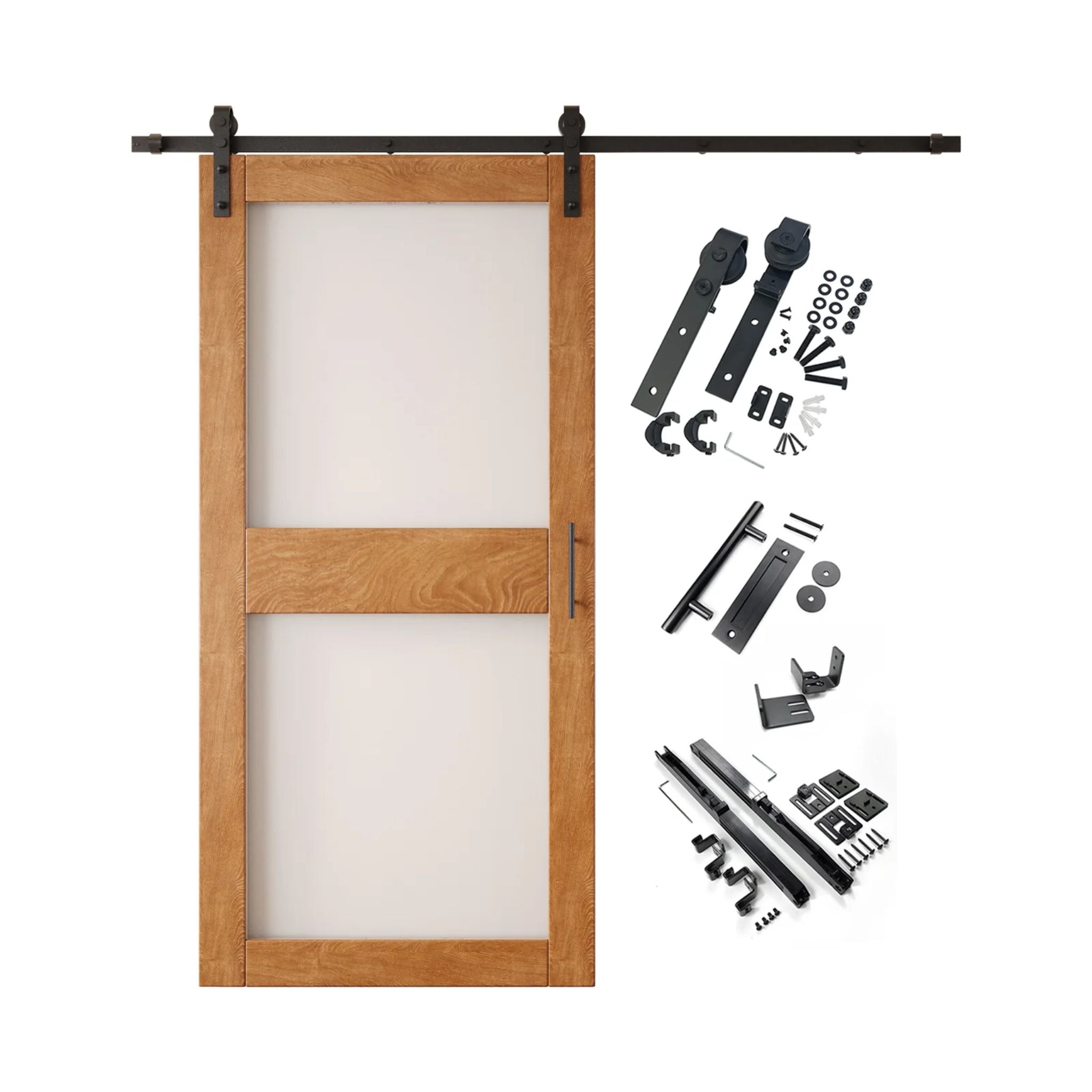 Early American 2-panel barn door kit with wooden door and hardware components on a white background