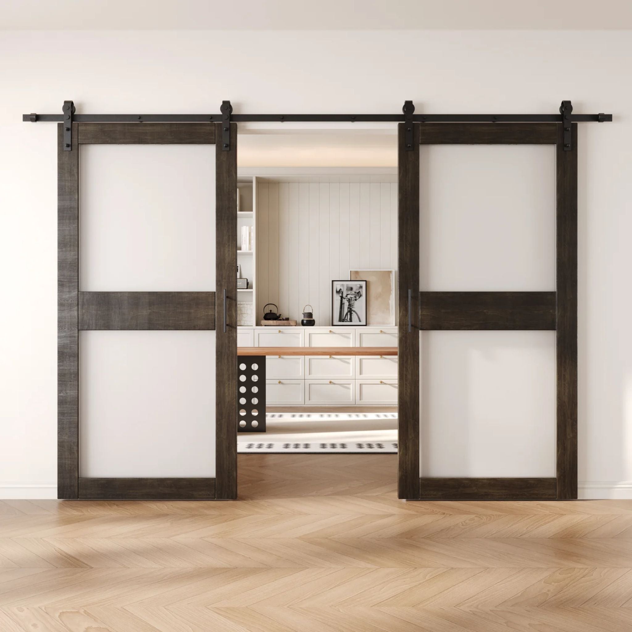 Ebony wooden sliding glass panel barn doors with black hardware in a modern interior setting.
