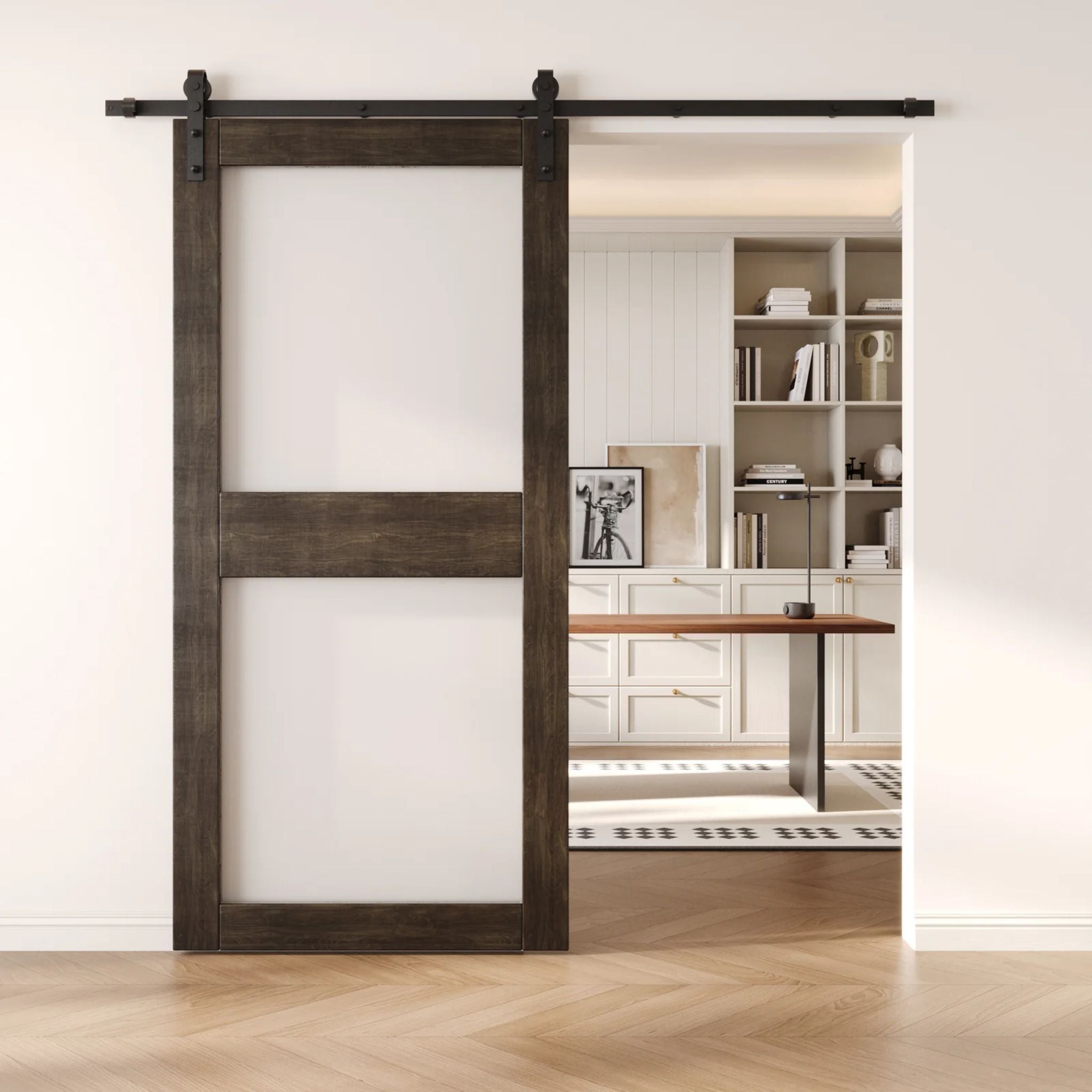 Wooden sliding barn door with glass in a modern interior setting