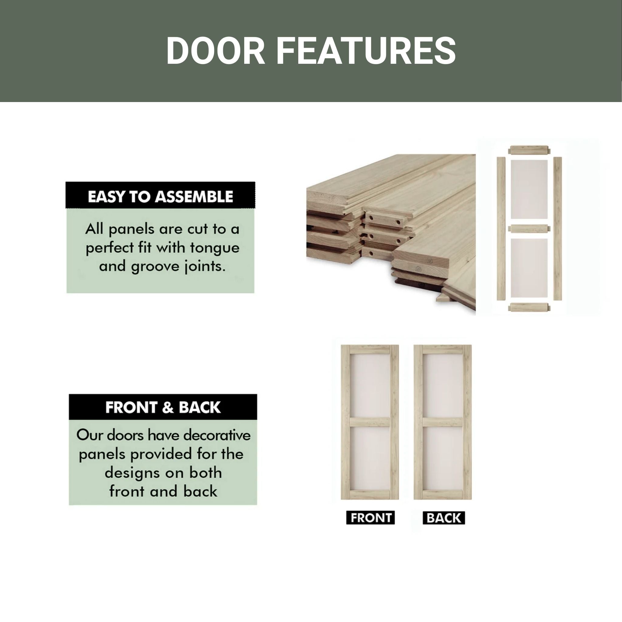 Wooden door panels with assembly instructions and design details on a white background.