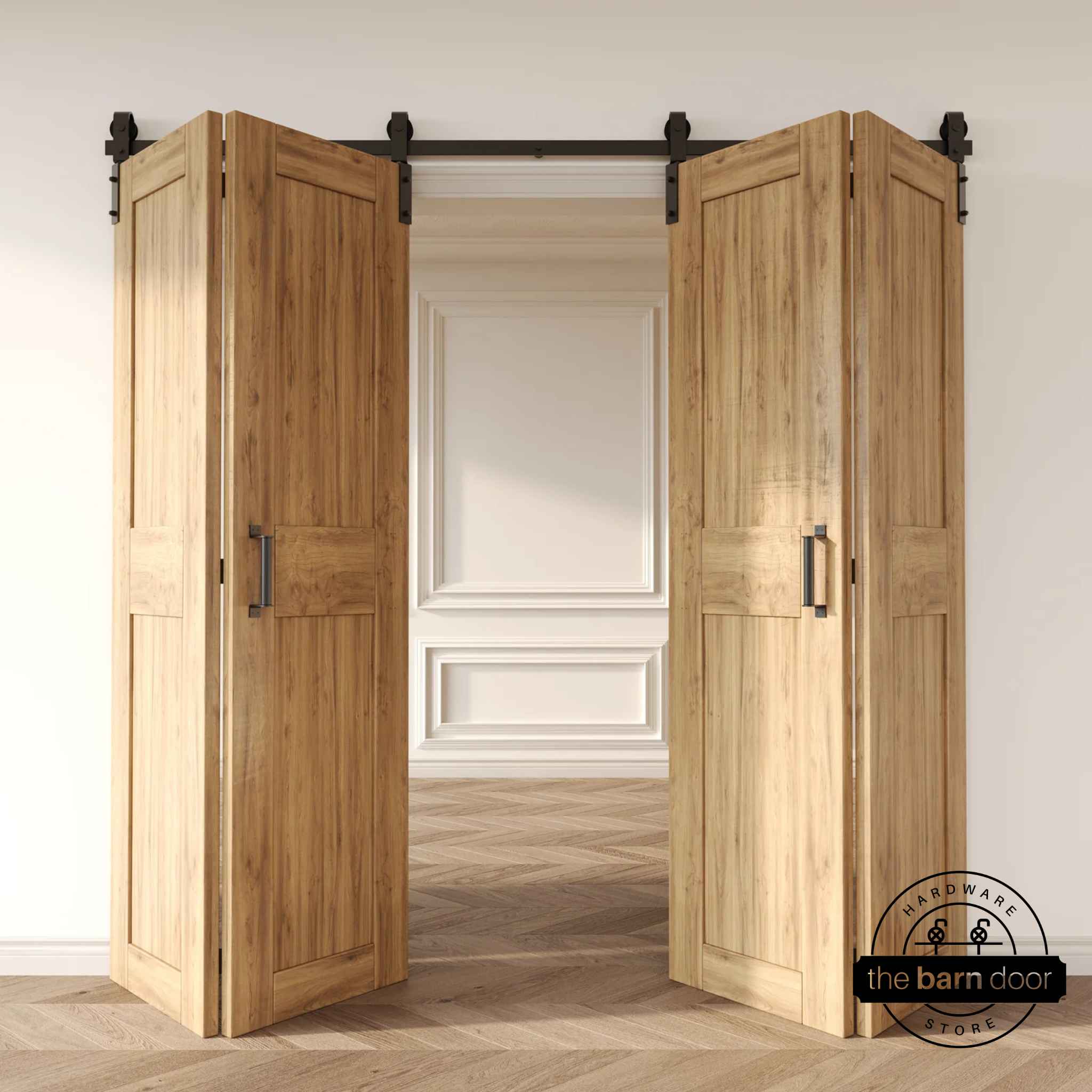 Front Mount 4 Door Bifold Barn Door Hardware Kit Open