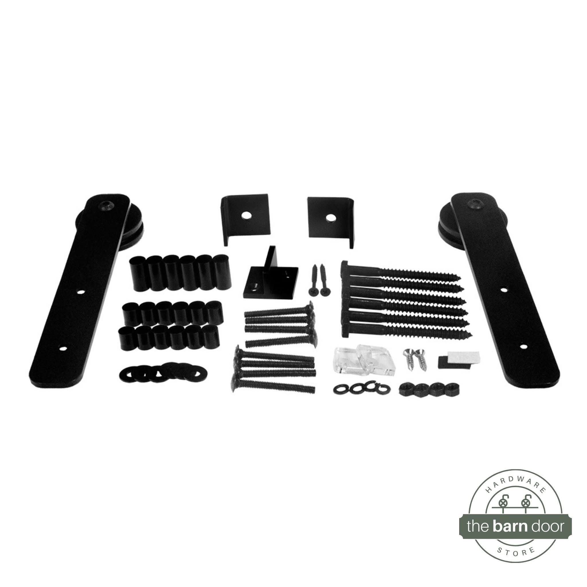 A studio shot of Black Straight Strap Single Track barn door hardware components.