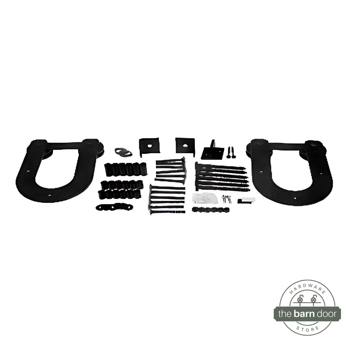 A studio shot of Black Horseshoe Single Track barn door hardware components.