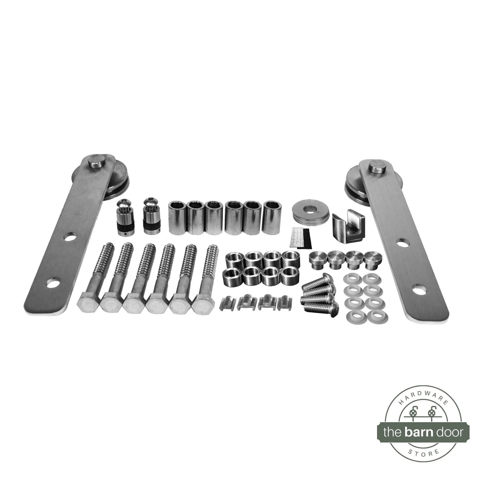 Straight Strap stainless steel barn door hardware kit with minimalist roller design.
