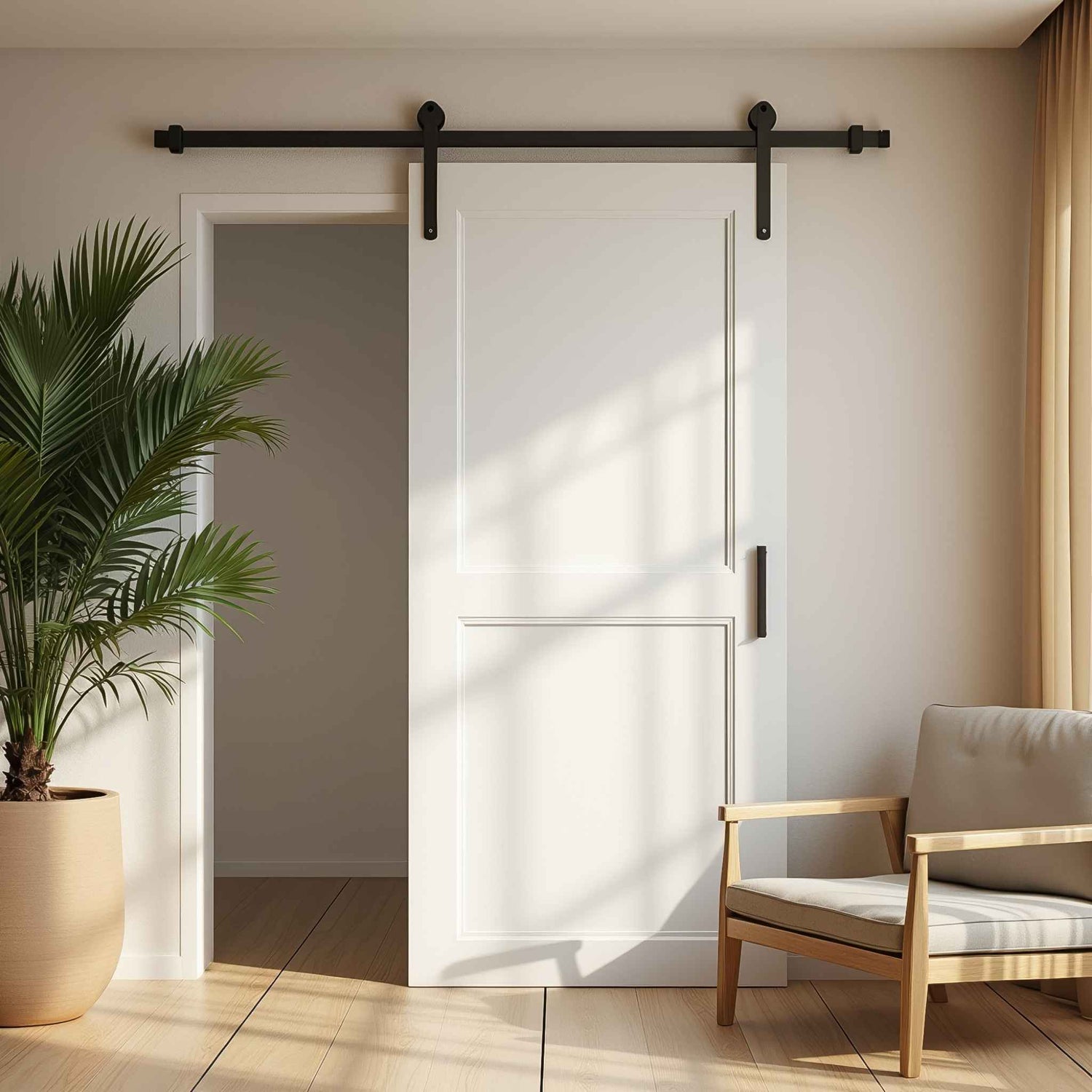 Elegant black custom barn door hardware kit installed on a white barn door in a bright, modern living room setting.