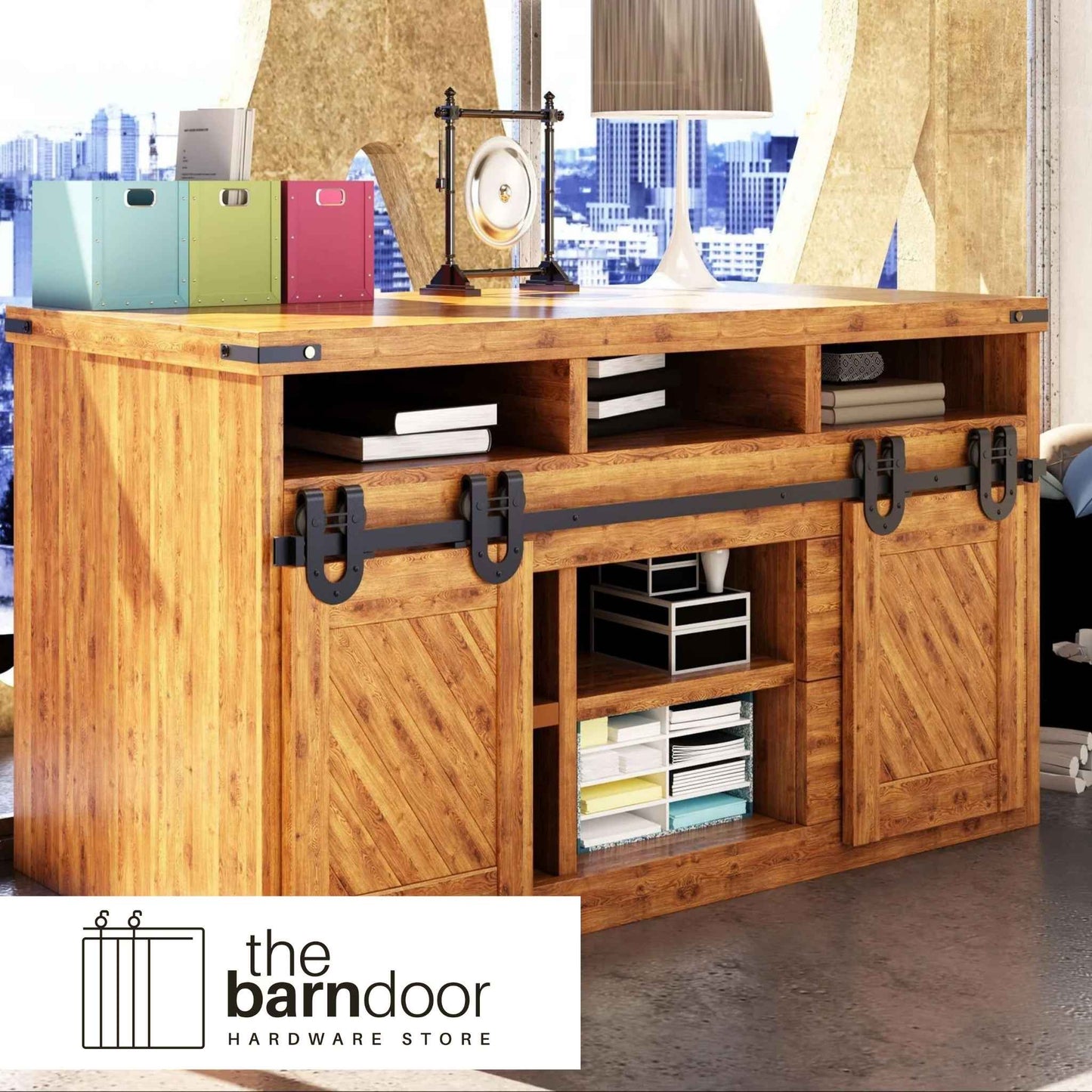 Horseshoe cabinet barn door hardware kit in matte black with a single track, shown installed on a small wooden cabinet door.