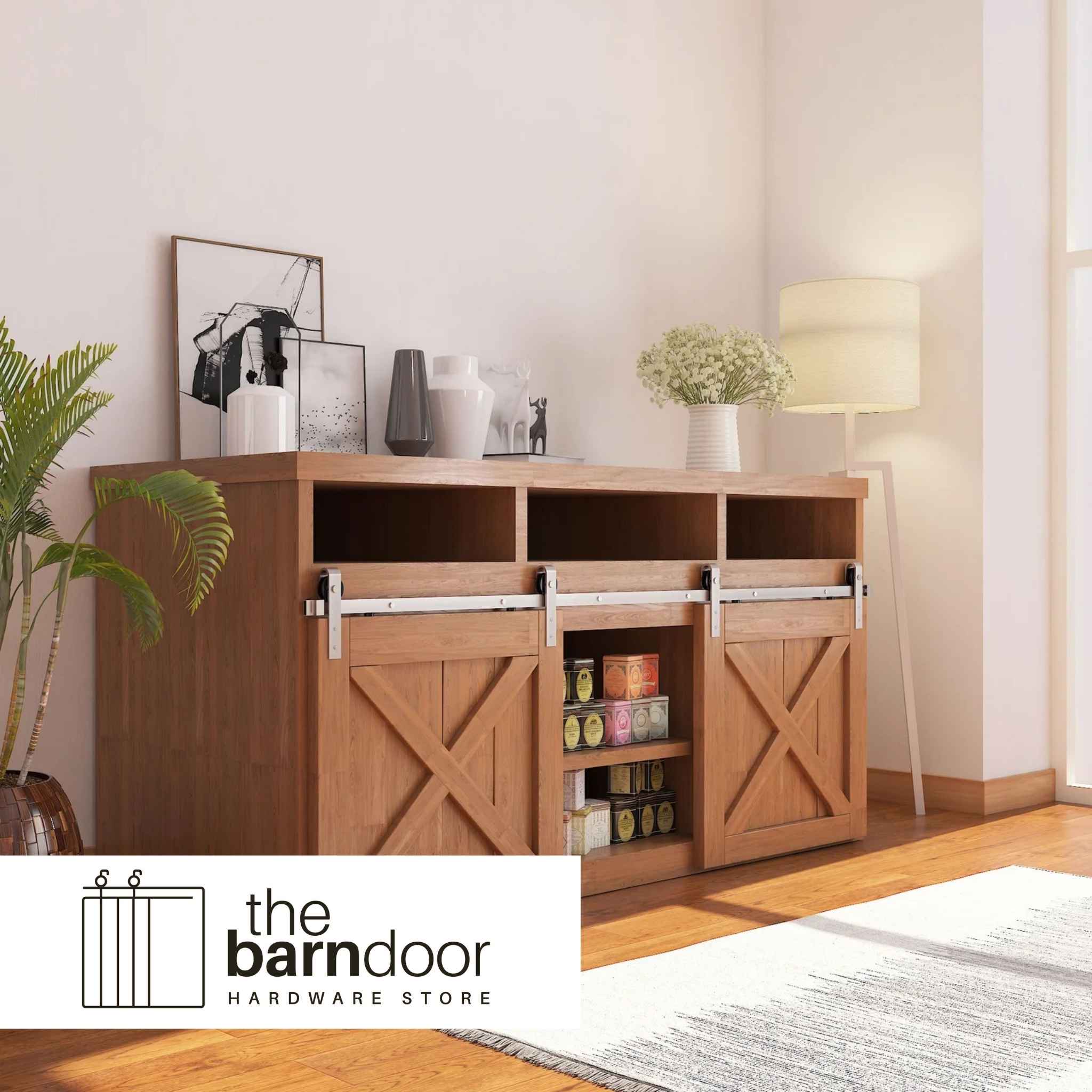 Classic J-Strap cabinet barn door hardware kit in a brushed nickel finish, mounted on a small cabinet door.