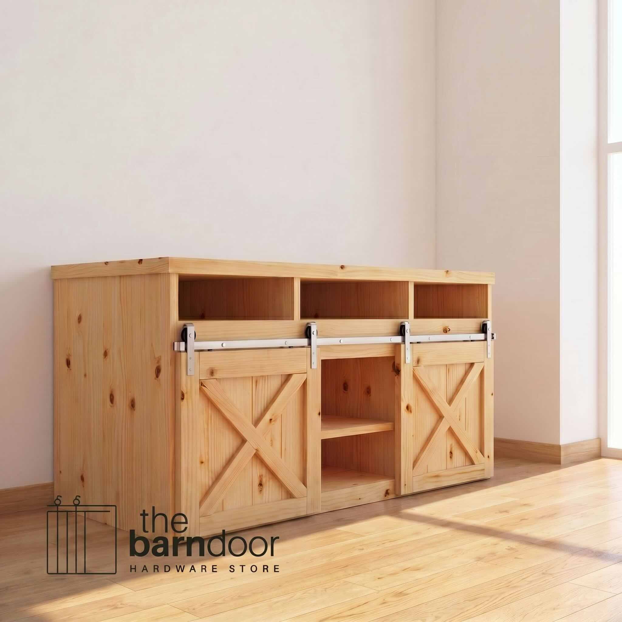 Classic J-Strap cabinet barn door hardware kit in a brushed nickel finish, mounted on a small cabinet door.