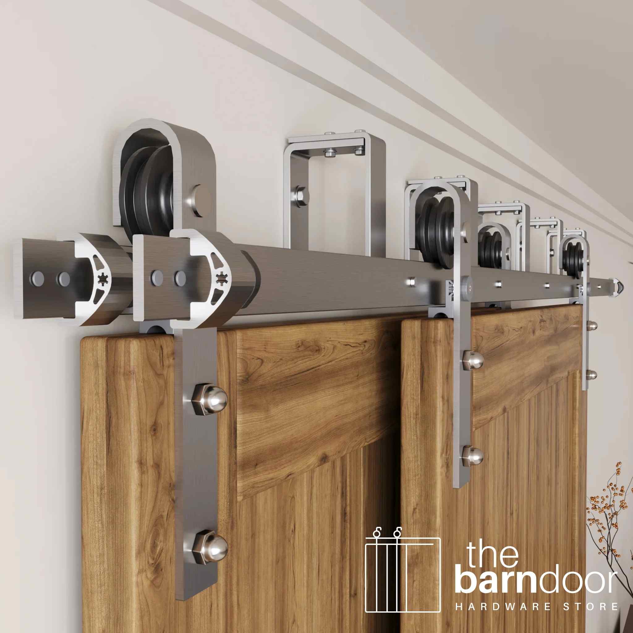 J-Strap Brushed Nickel Double Bypass Barn Door Hardware Kit