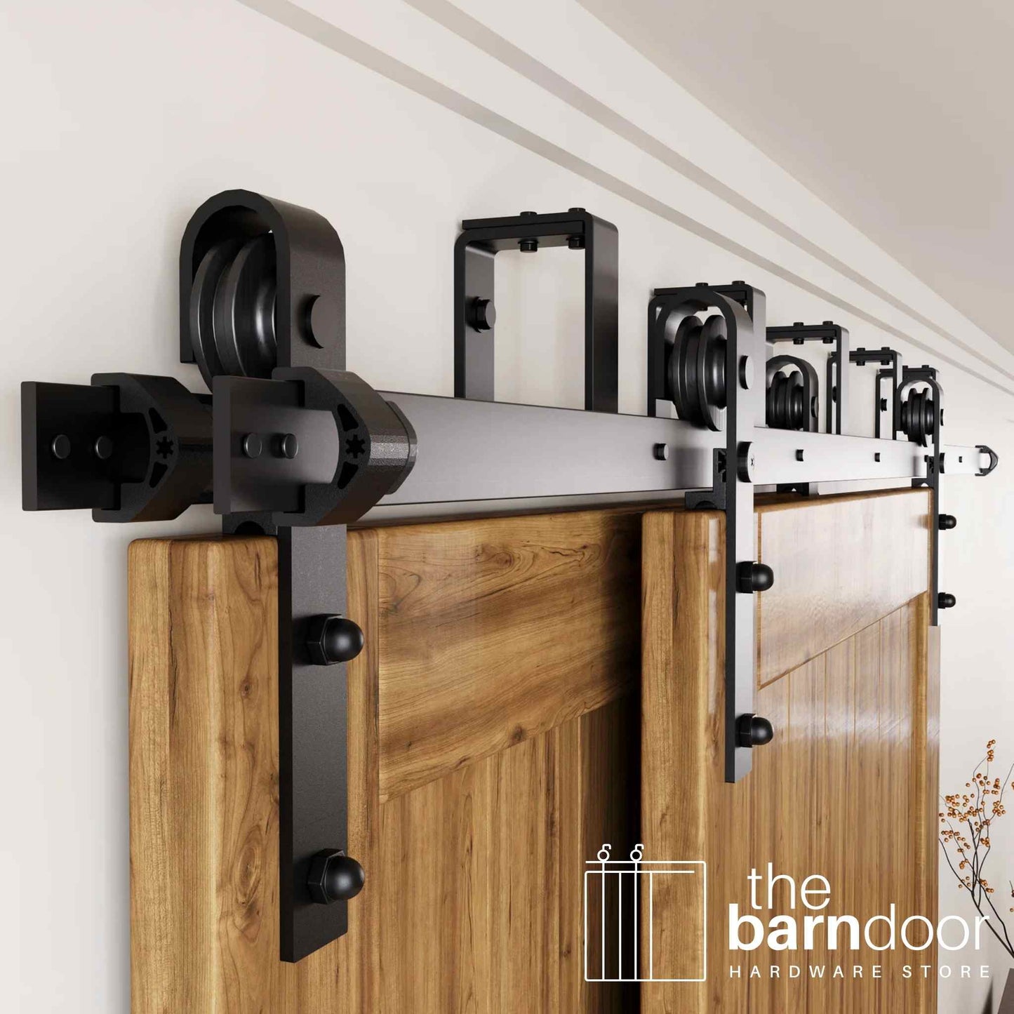 J-Strap Black Double Track Bypass Barn Door Hardware Kit