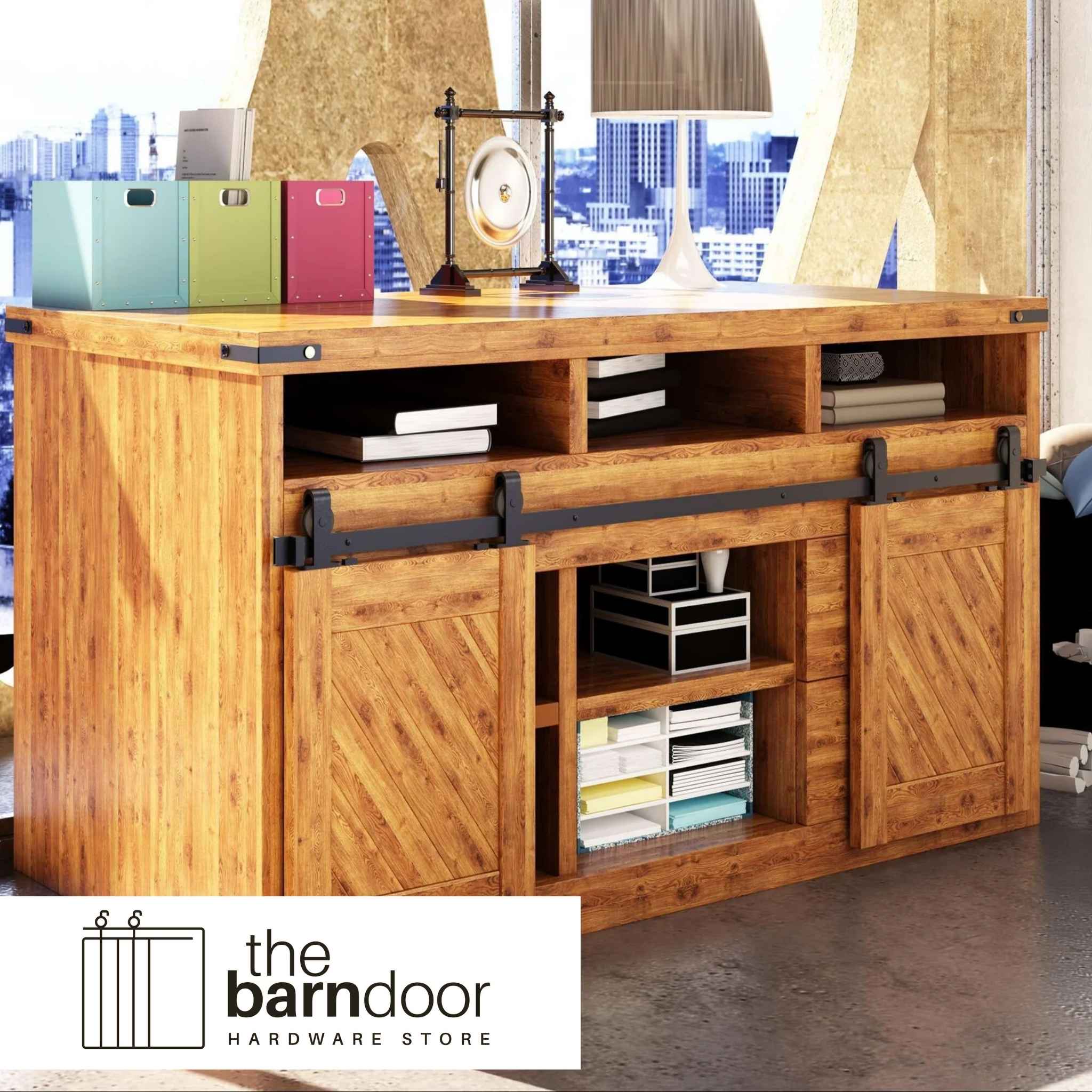 J Top Mount cabinet barn door hardware kit in matte black with a single track, shown installed on a small wooden cabinet door.