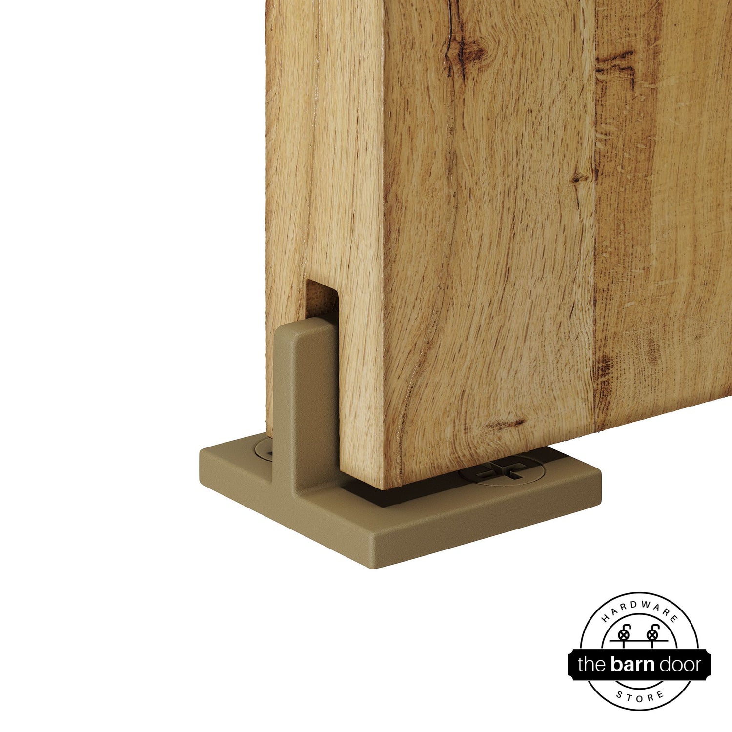 Gold Goldberg Brothers T-Guide attached to a wooden barn door