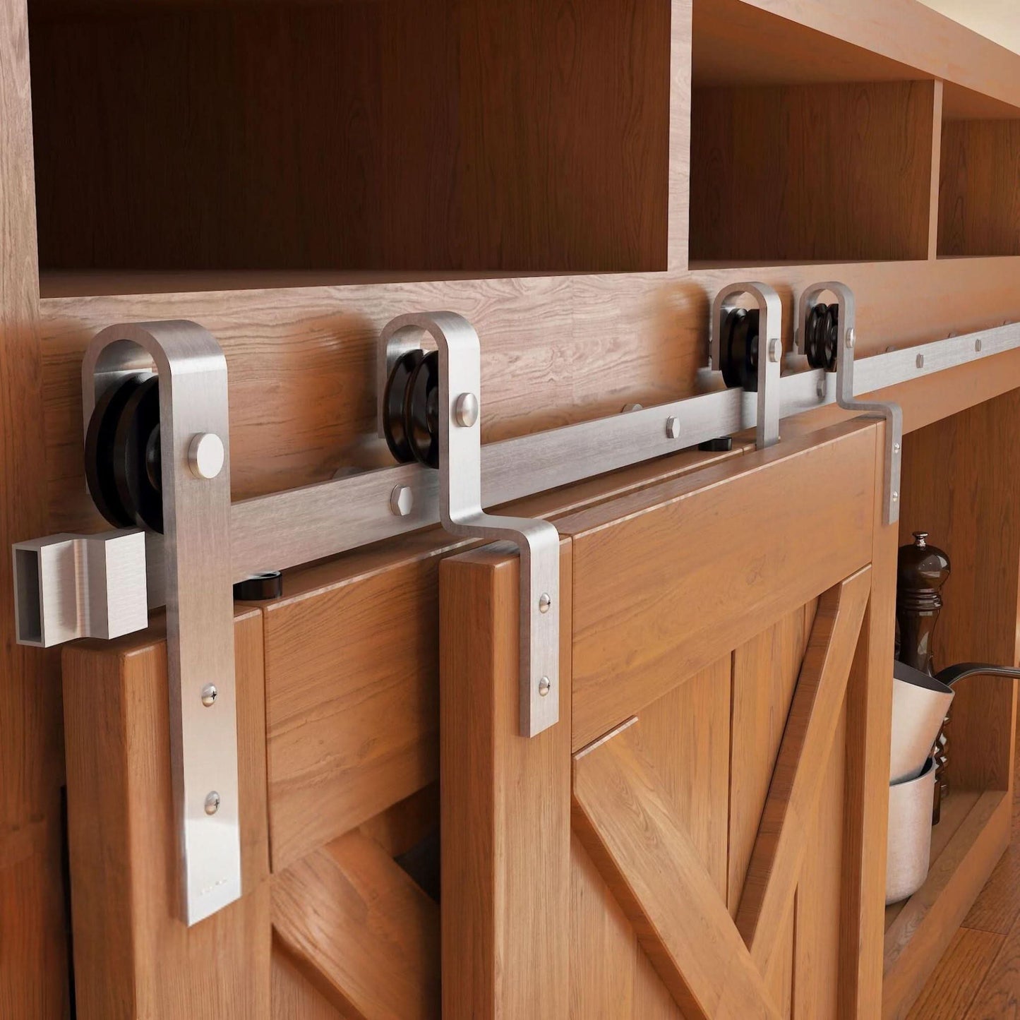 Brushed nickel J-Strap mini bypass cabinet barn door hardware kit on a single track, installed on a small two-door wooden cabinet.