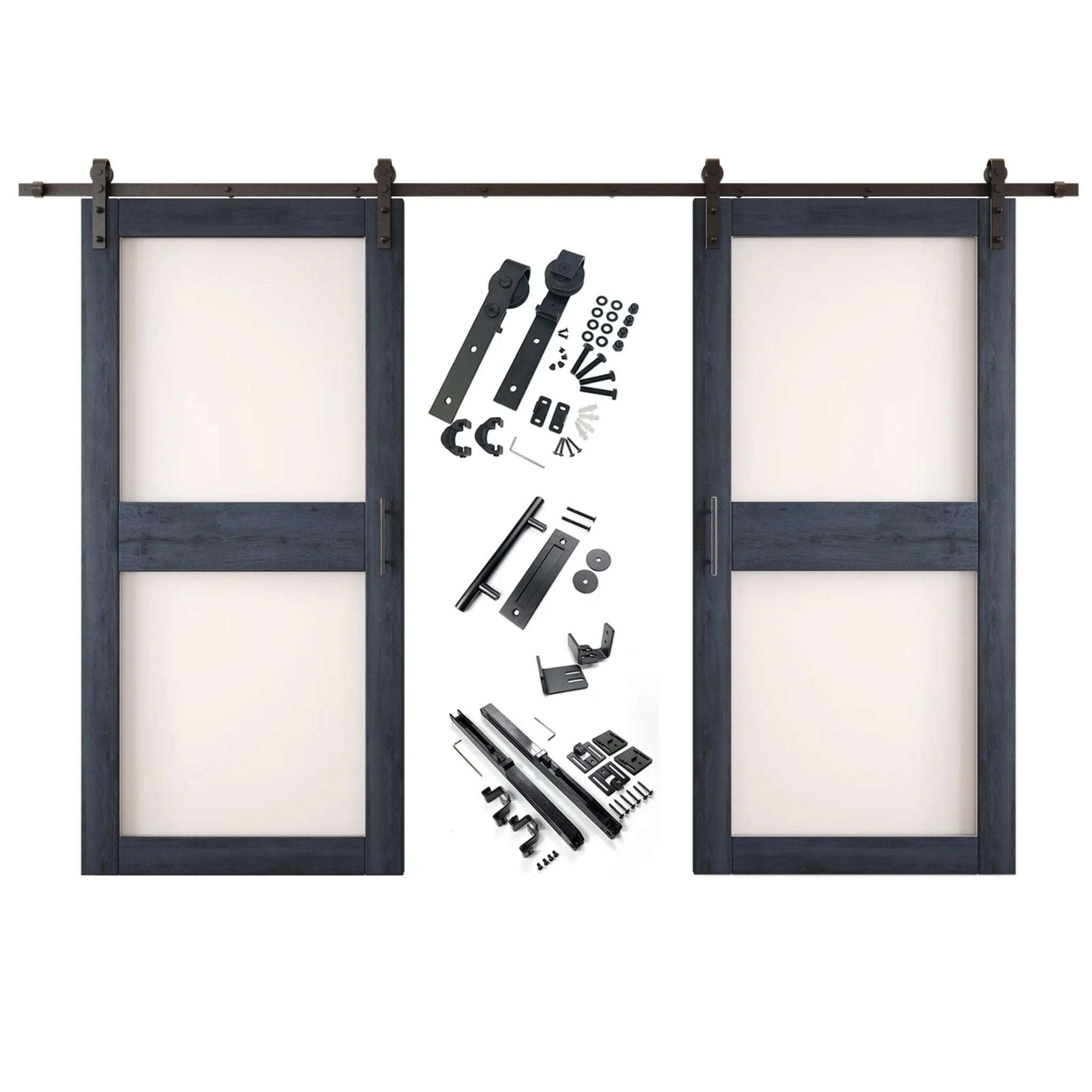 Navy barn door hardware set with two wooden sliding glass panel doors on a white background