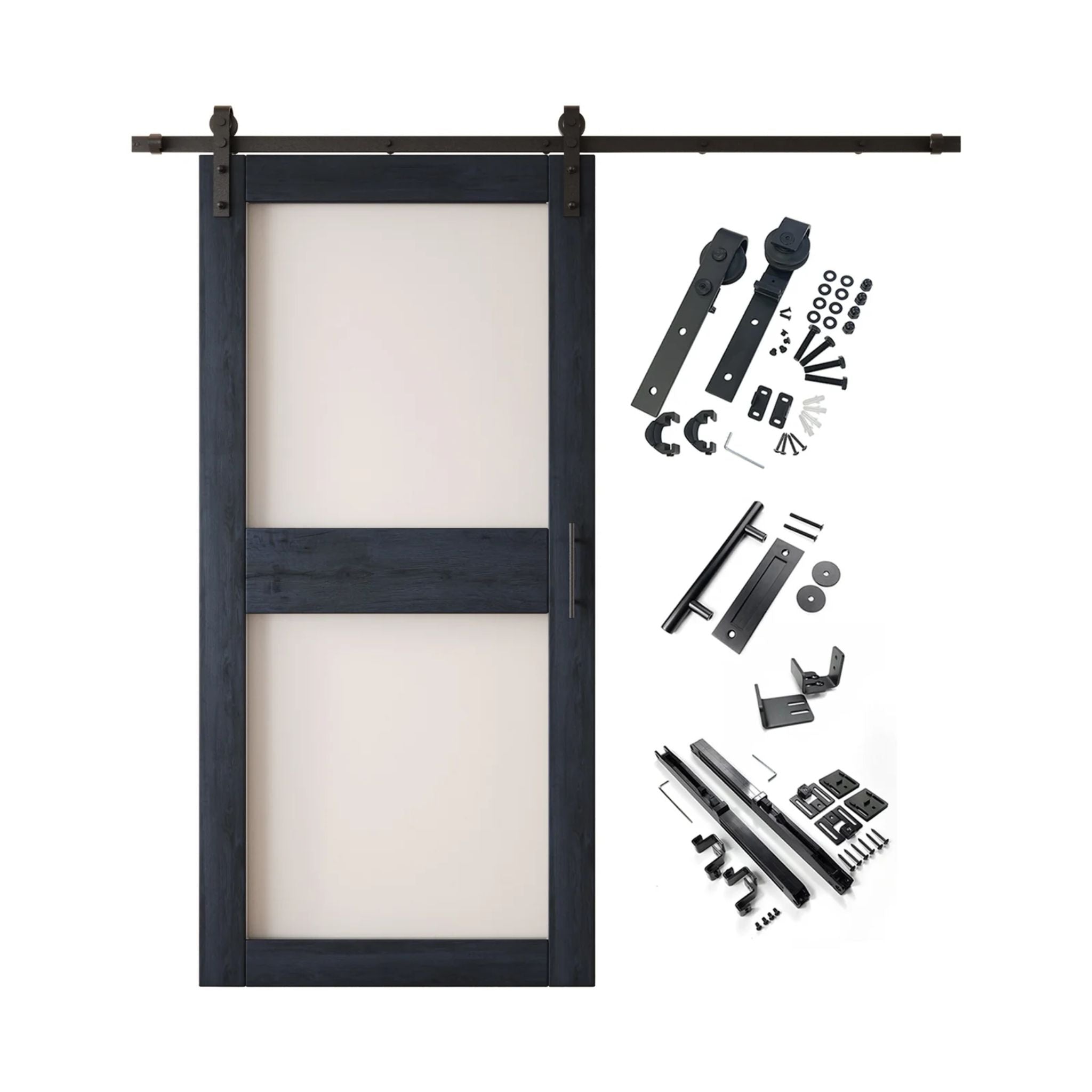 Navy 2-panel barn door kit with wooden door and hardware components on a white background