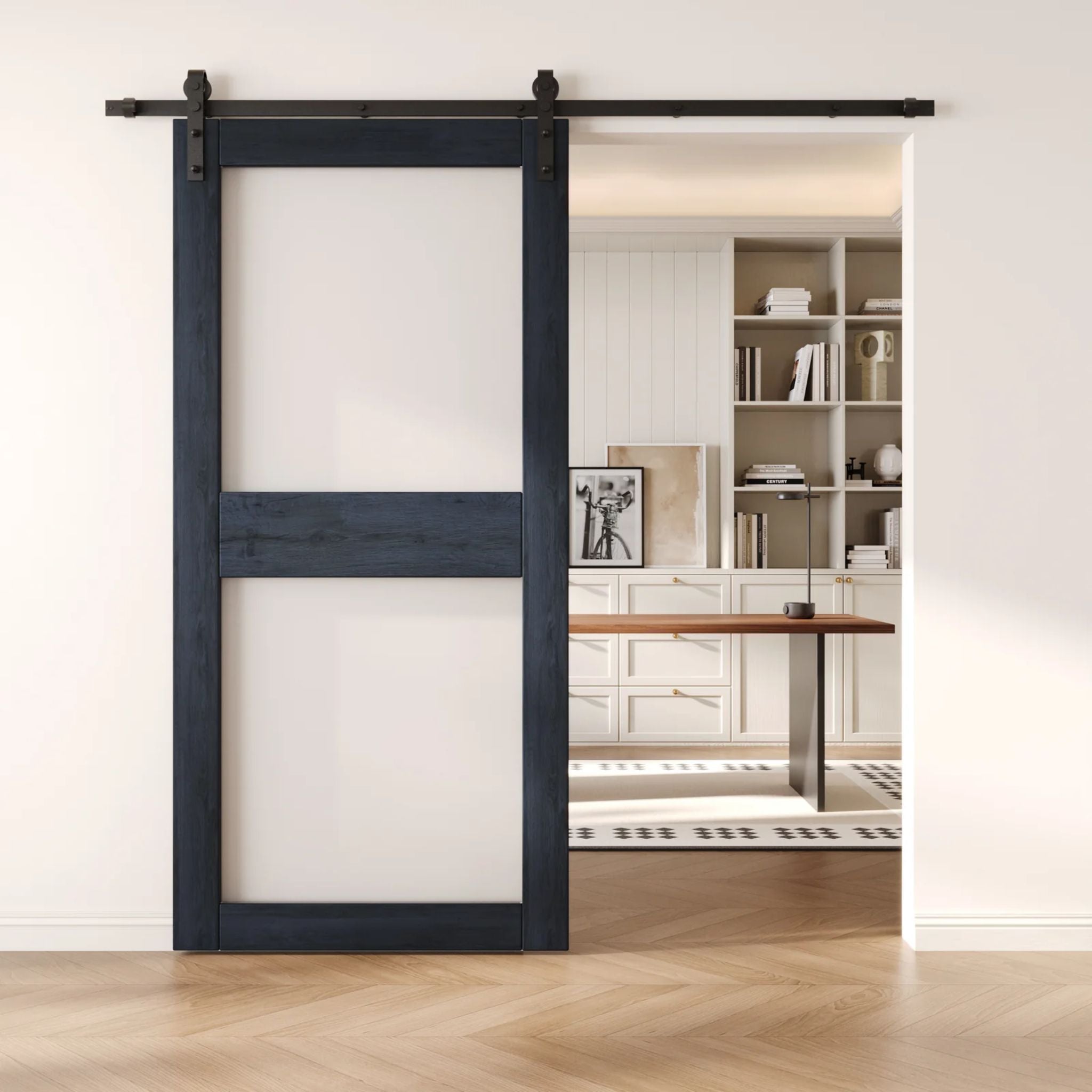 Barn door with black frame and glass in a modern interior setting