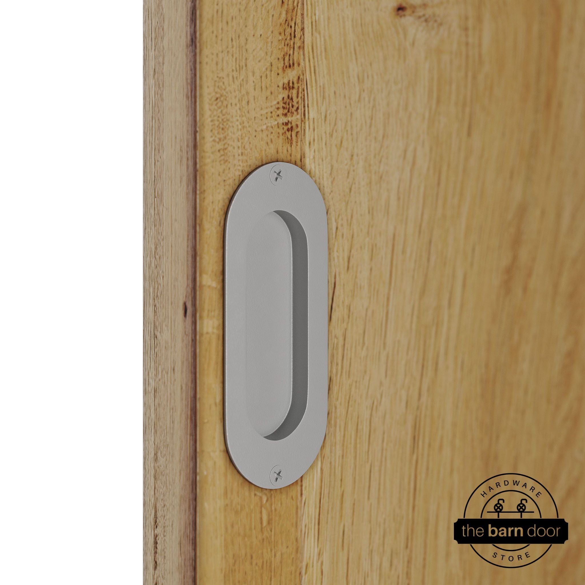Wooden door with a PC Chrome flush pull handle.