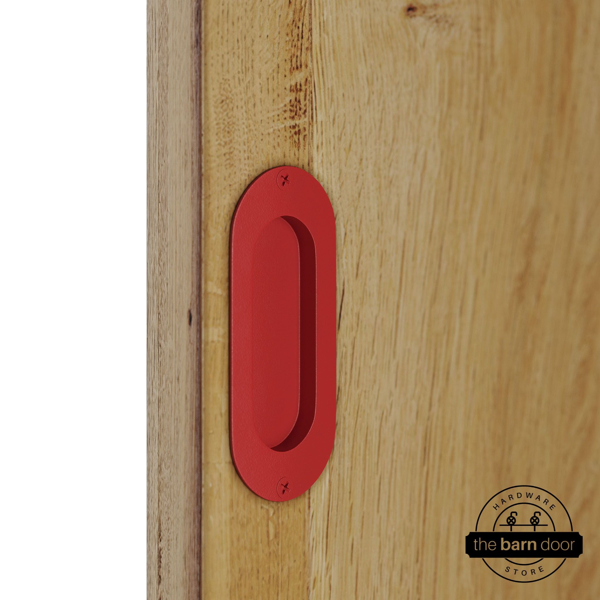 Wooden door with a red flush pull handle.