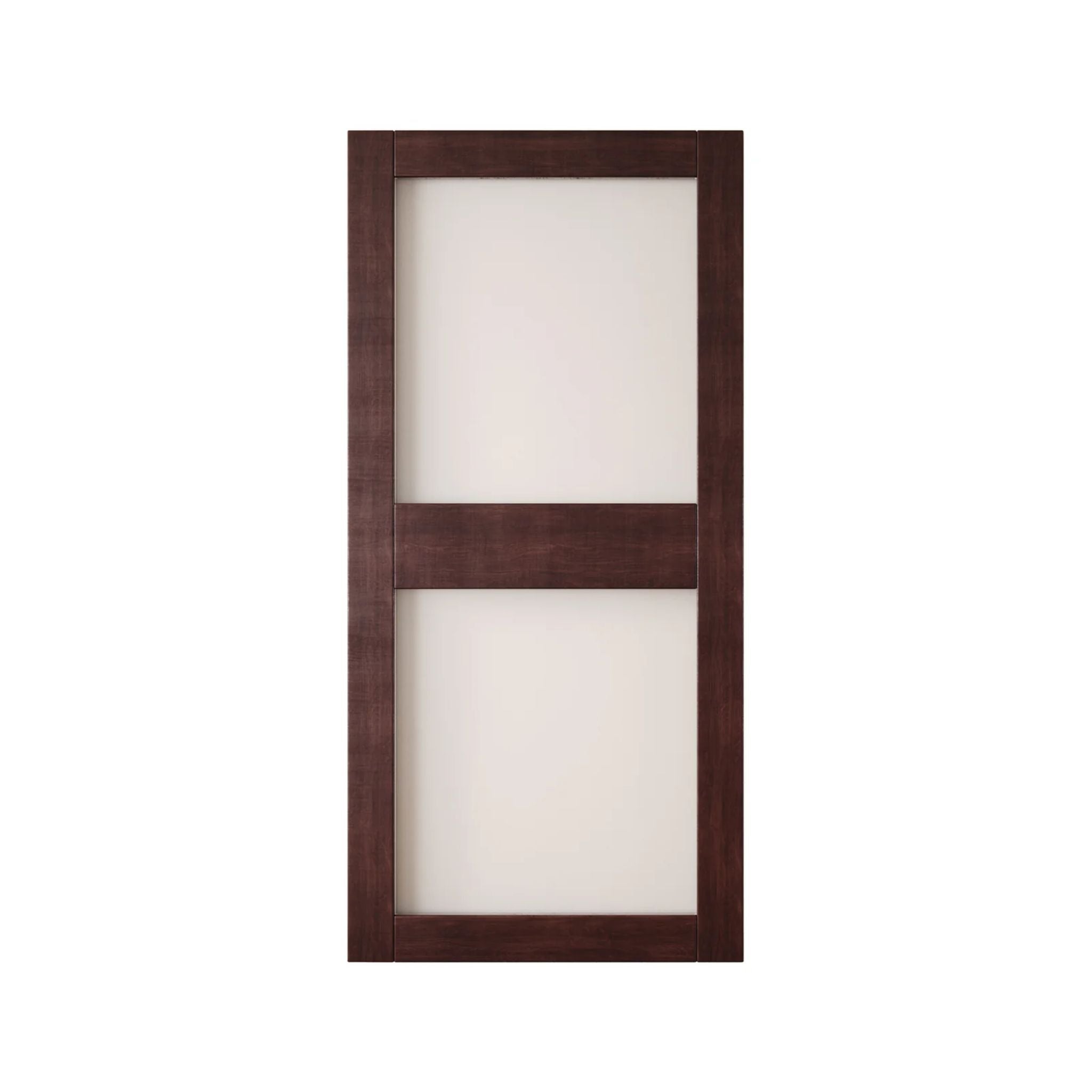 Wooden barn door with glass panel on a white background