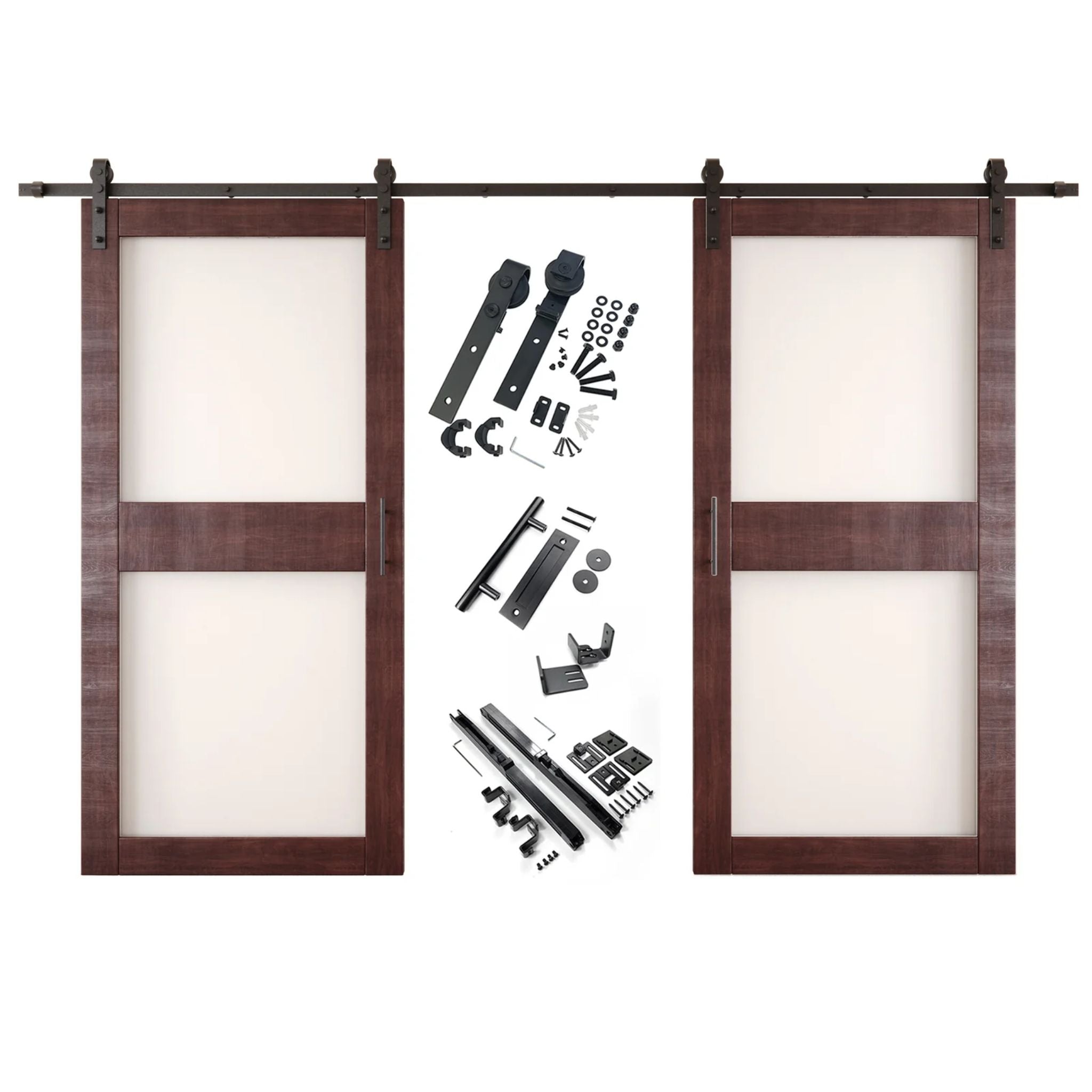 Red mahogany barn door hardware set with two wooden sliding glass panel doors on a white background