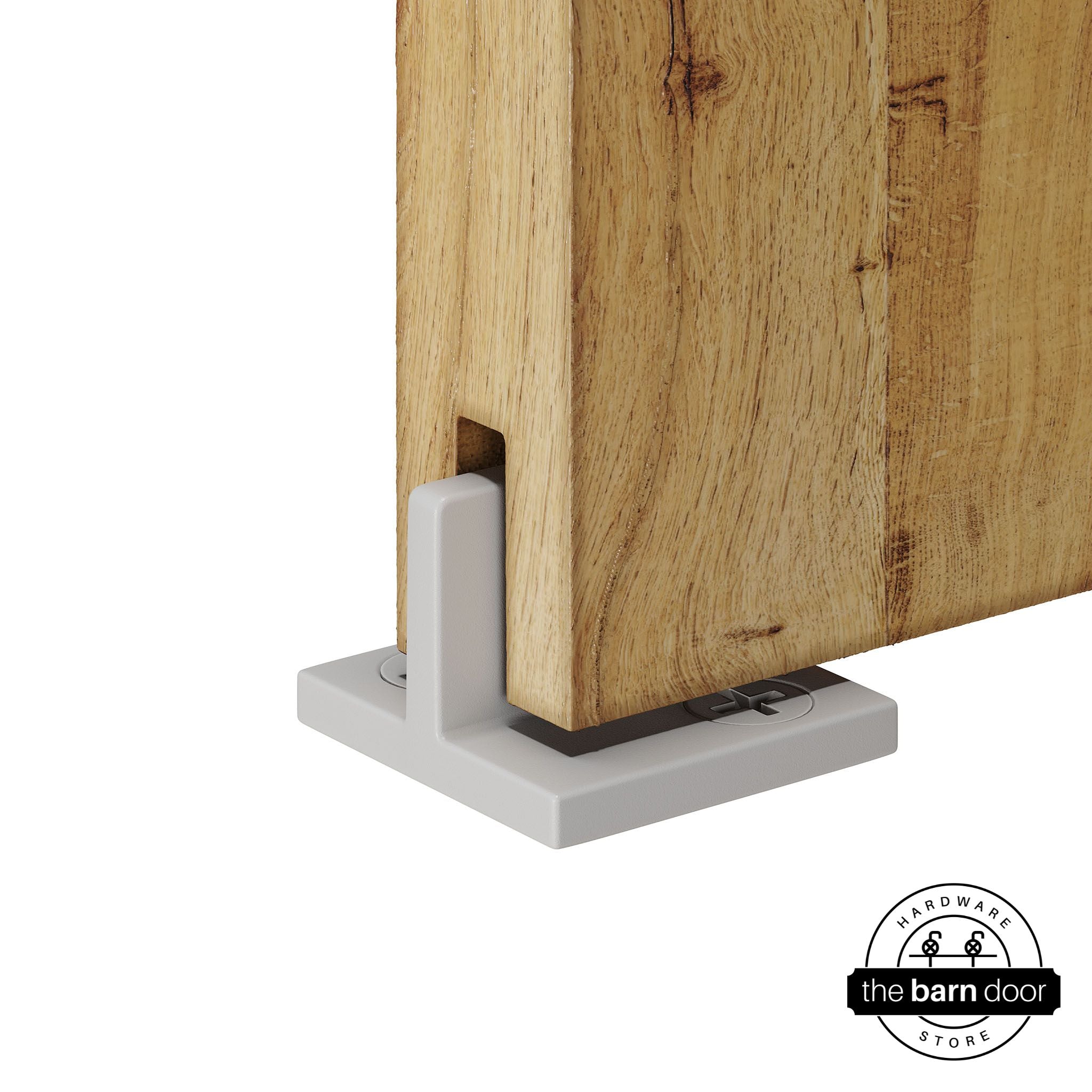 White Goldberg Brothers T-Guide attached to a wooden barn door