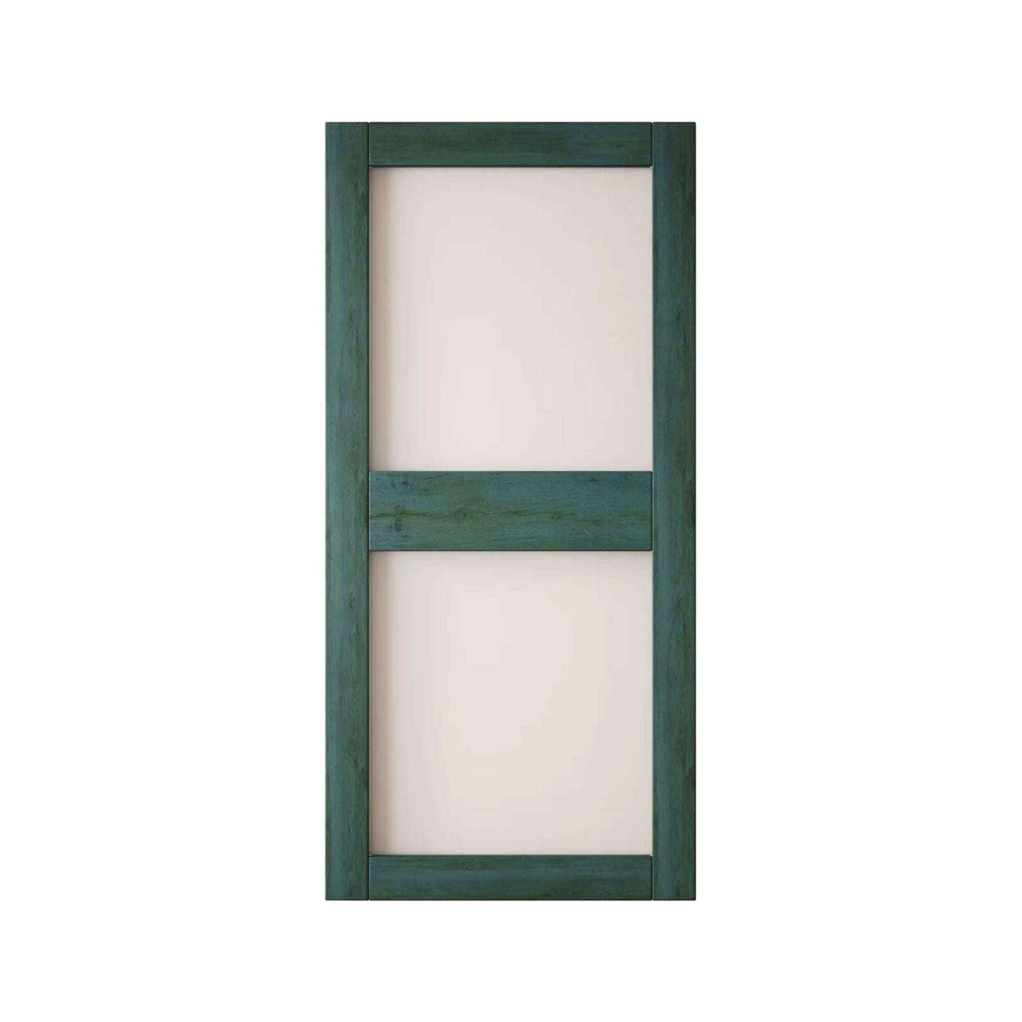 Wooden barn door with green finish and glass on a white background