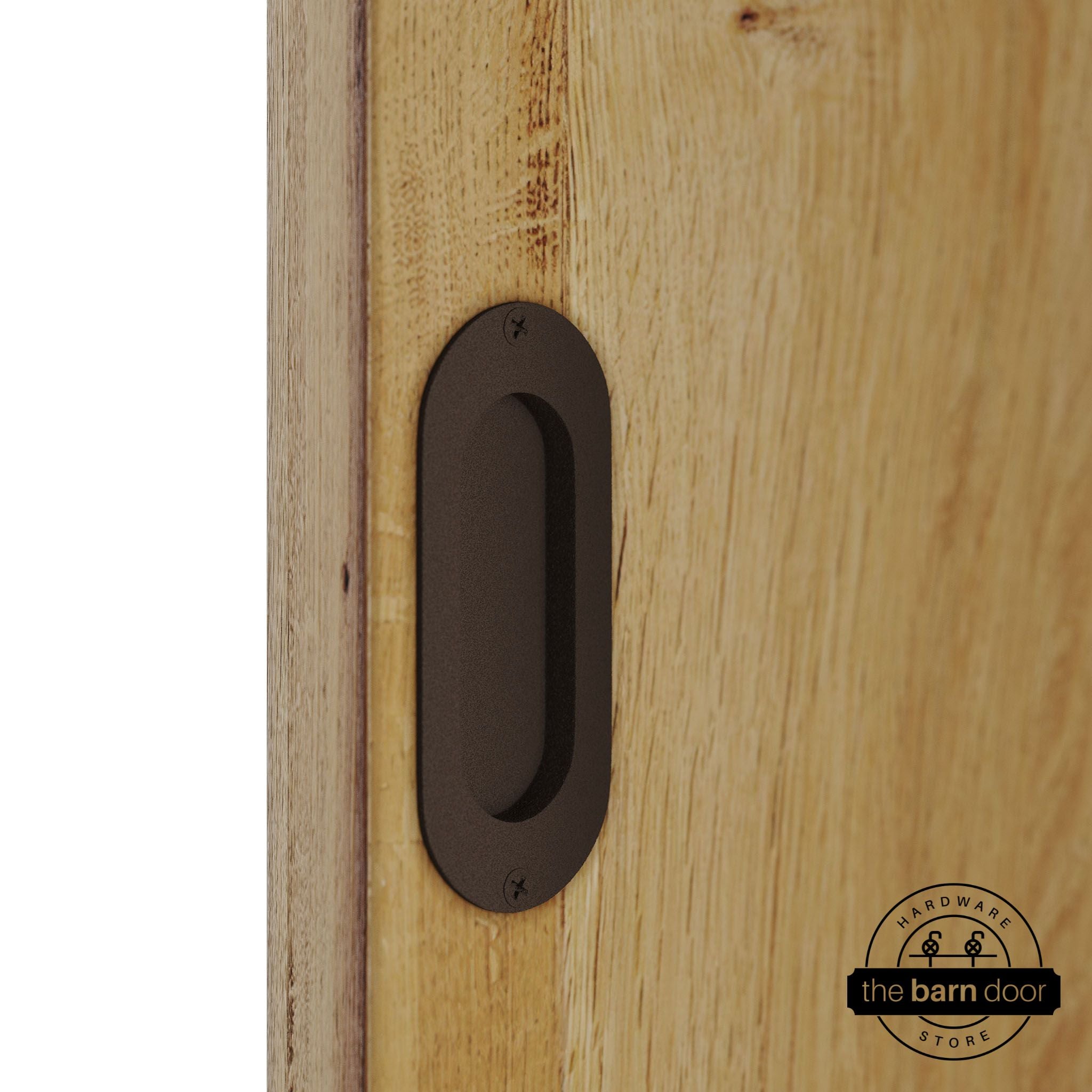 Wooden door with a rustic brown flush pull handle.