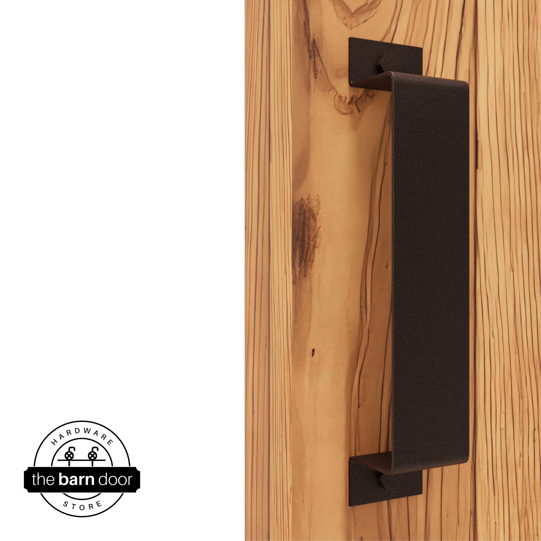 A rustic brown, arch-shaped barn door handle is mounted on a light-colored wooden door with a vertical grain pattern.