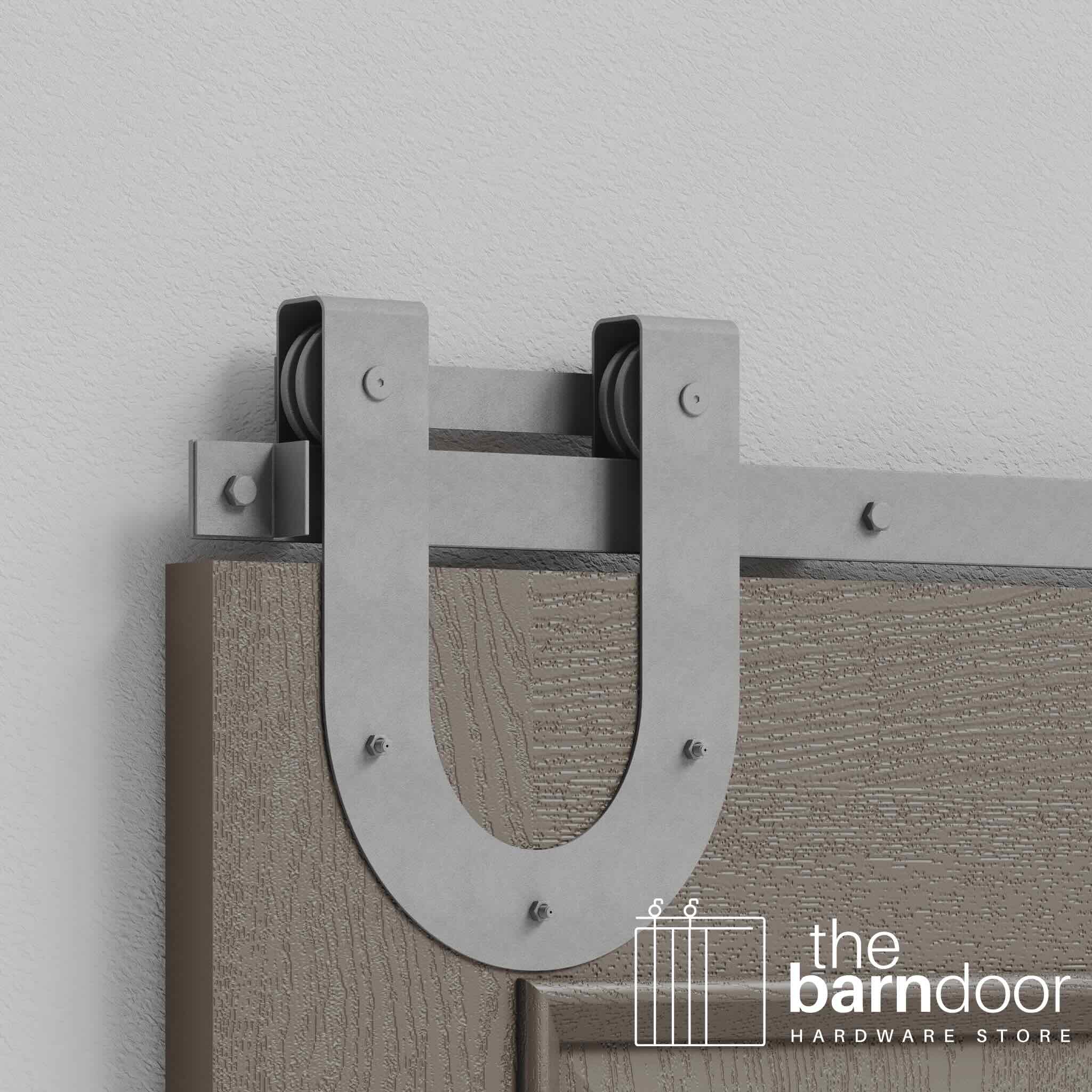 Silver metallic horseshoe barn door hardware with a wooden door on a light gray background