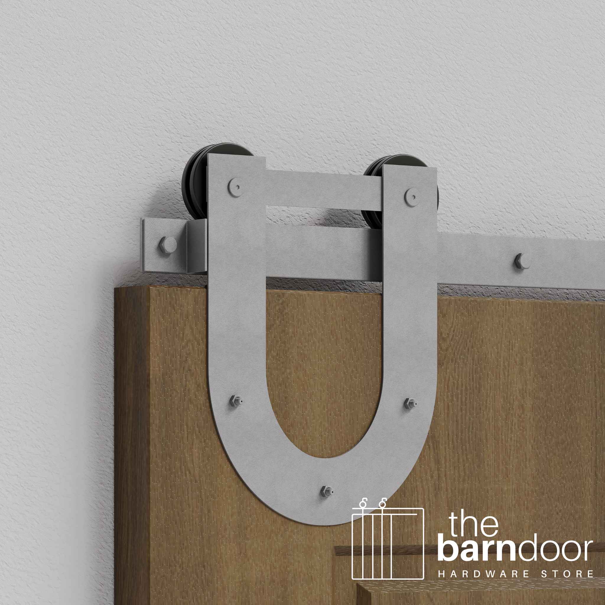 Close-up of Silver Metallic Horseshoe Single Track barn door hardware installed on a wooden door panel.