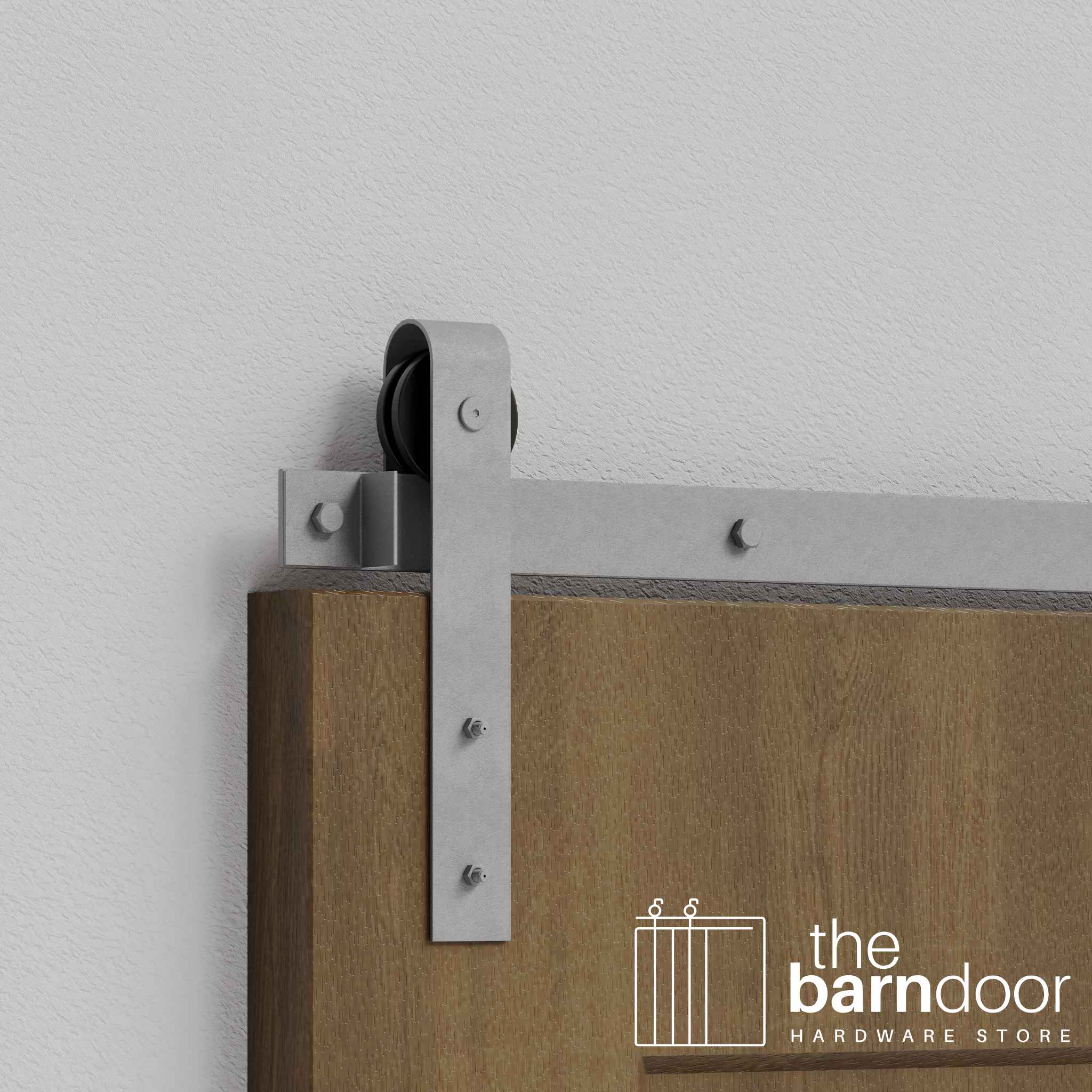 Close-up of Silver Metallic J-Strap Single Track barn door hardware installed on a wooden door panel.