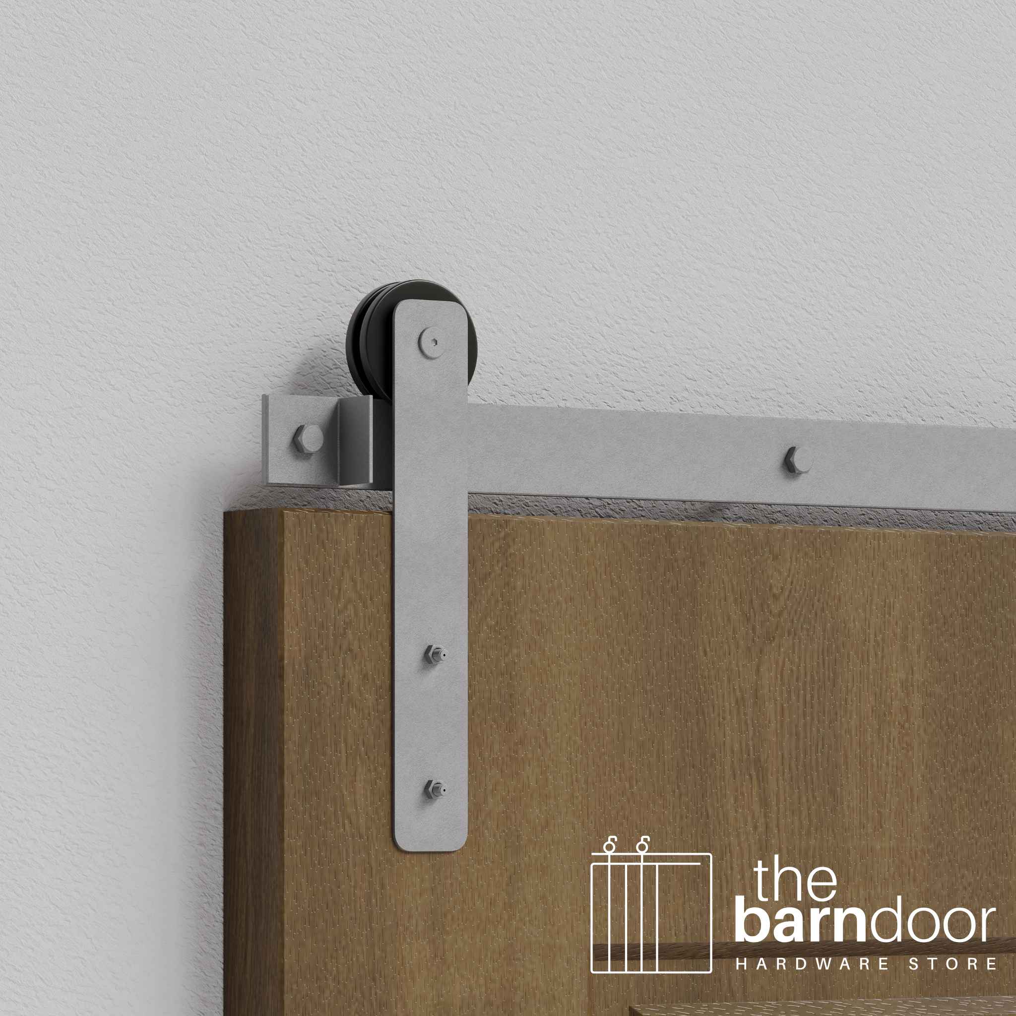Close-up of Silver Metallic Straight Strap Single Track barn door hardware installed on a wooden door panel.