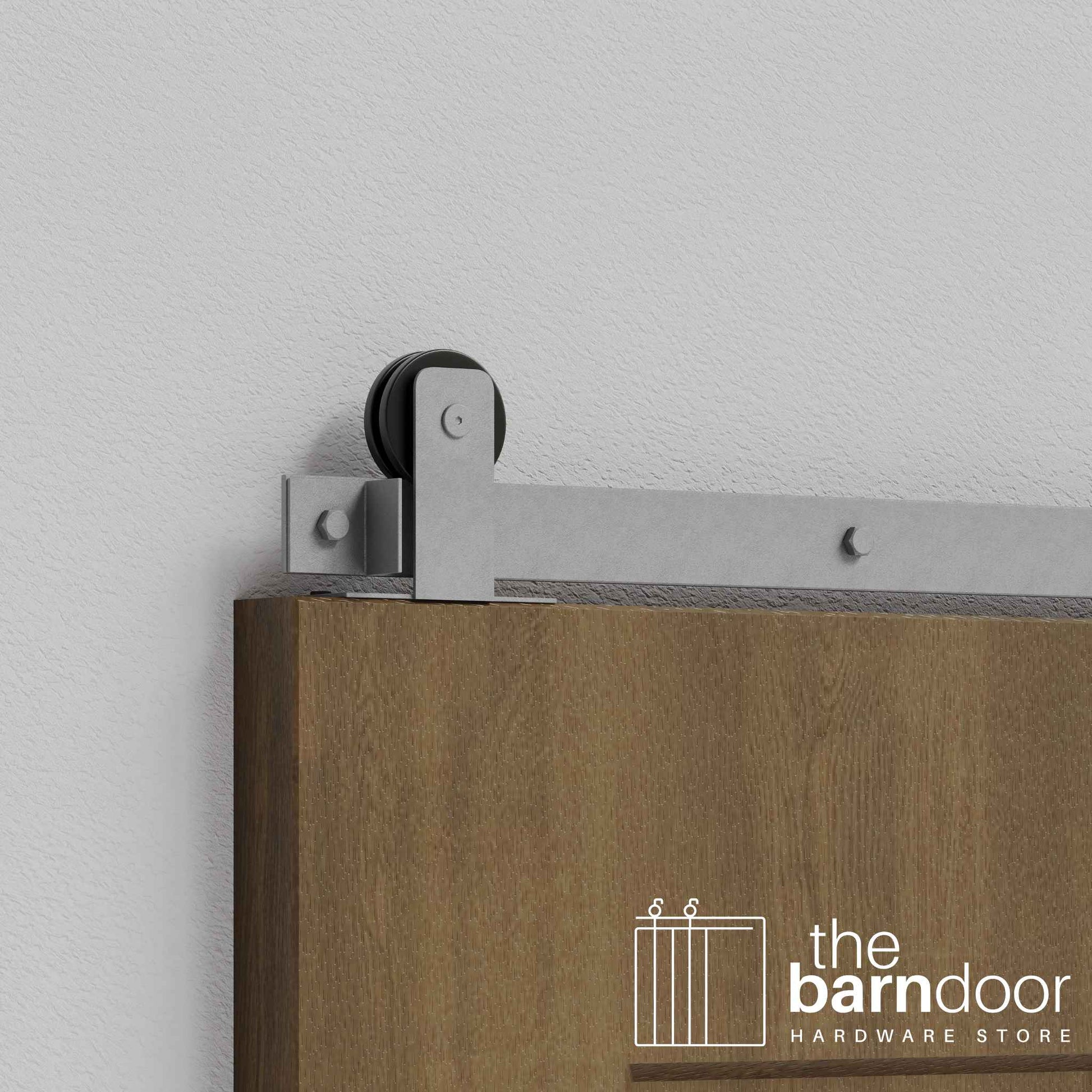 Close-up of Silver Metallic Straight Top Mount Single Track barn door hardware installed on a wooden door panel.