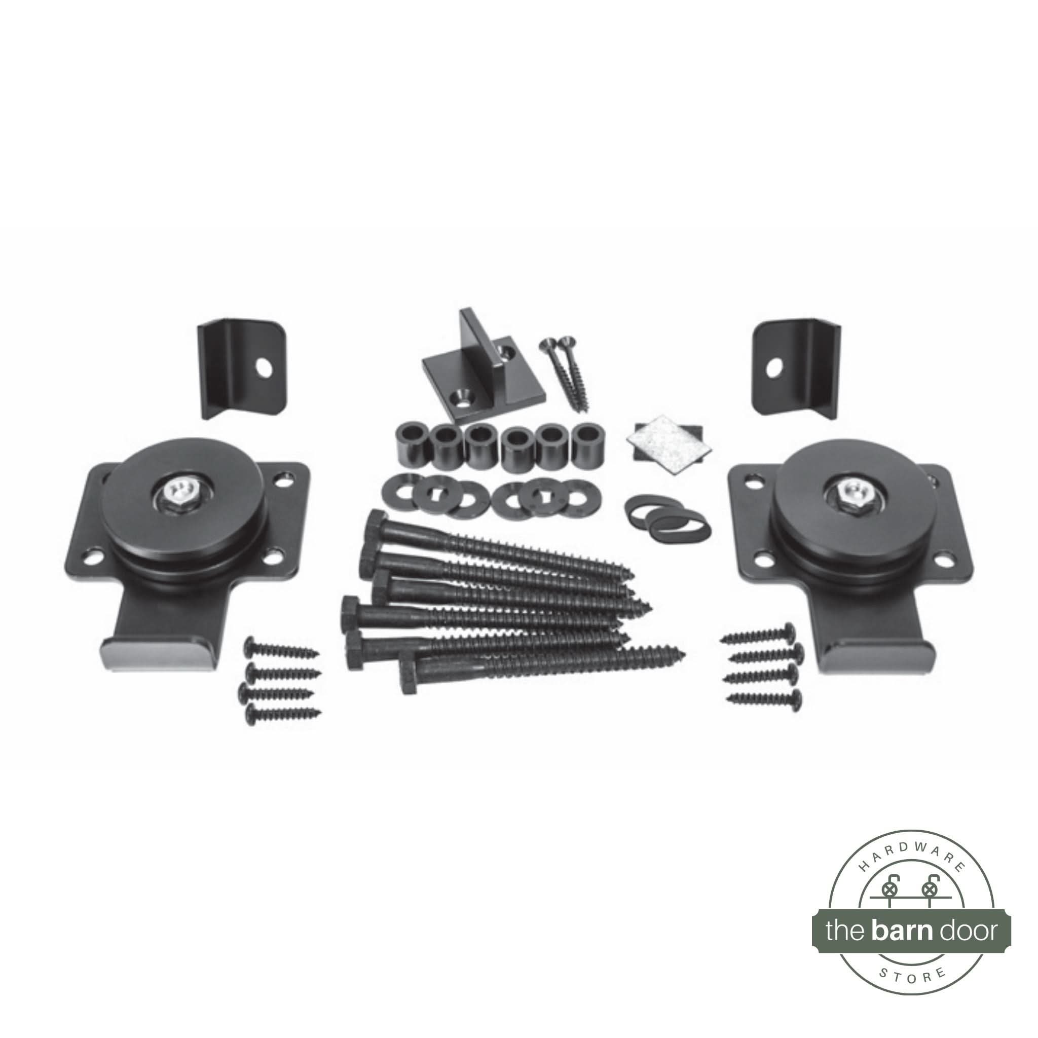 The complete Goldberg Brothers hardware kit, laying out all the US-made barn door hardware components needed for the invisible roller system installation.