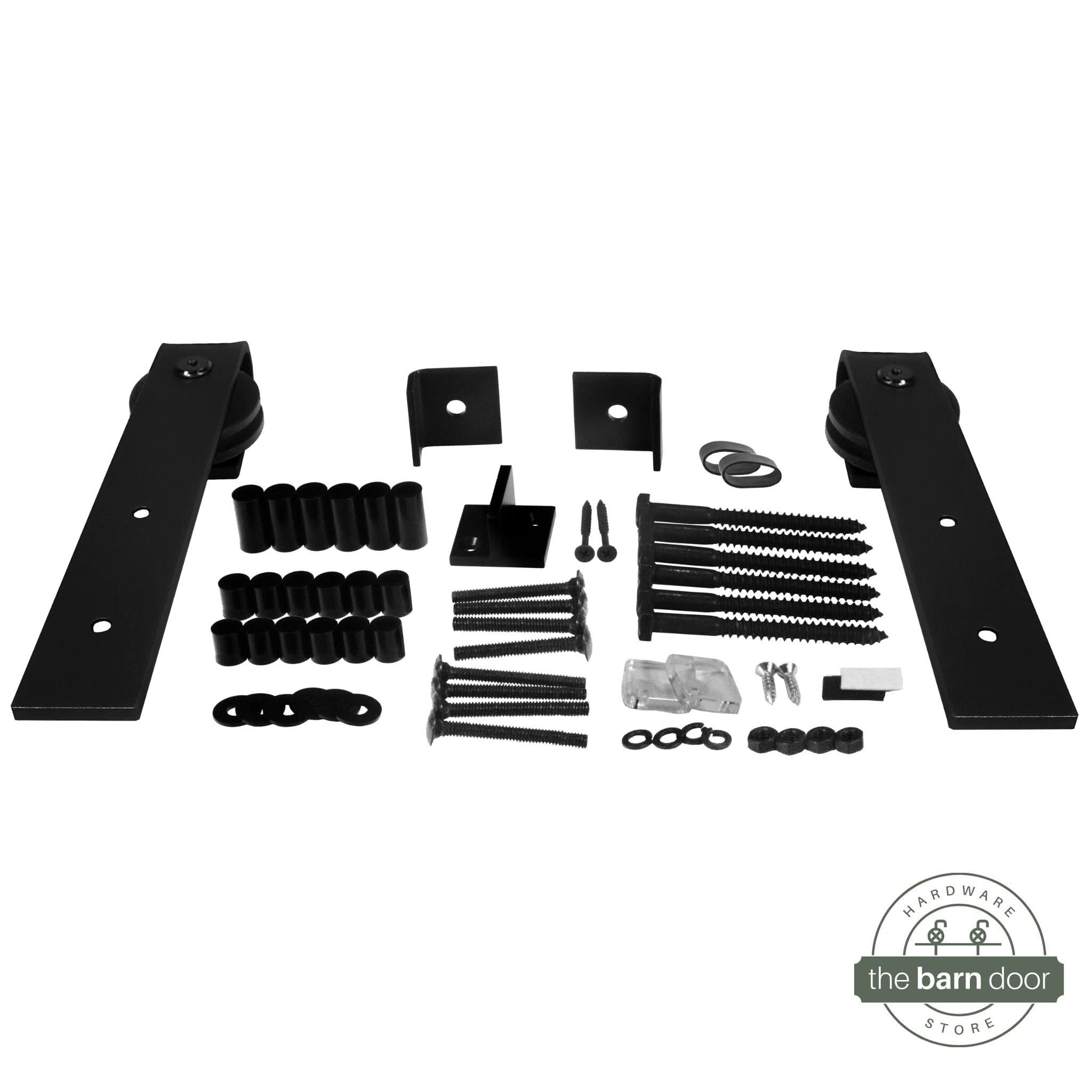 A studio shot of J-Strap Single Track barn door hardware components in Matte Black.