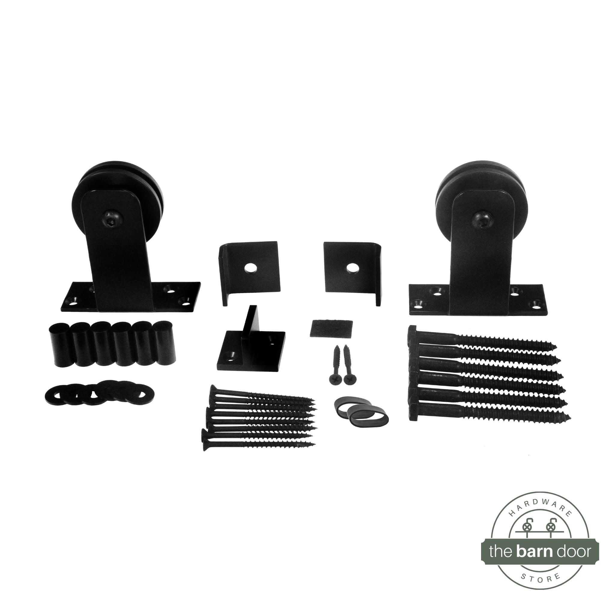 A studio shot of Black Straight Top Mount Single Track barn door hardware components.