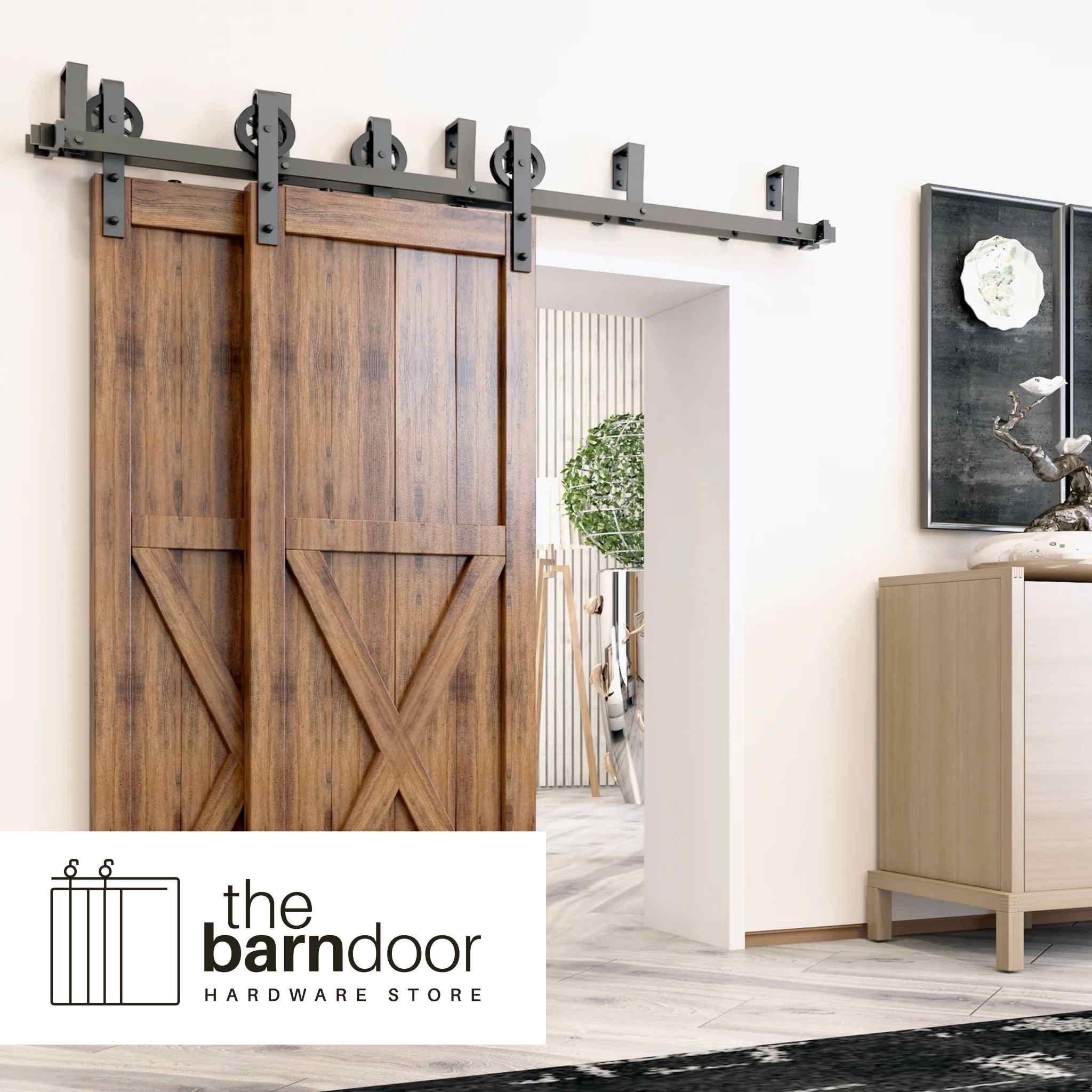 Spoke Wheel Black Double Track Bypass Barn Door Hardware Kit