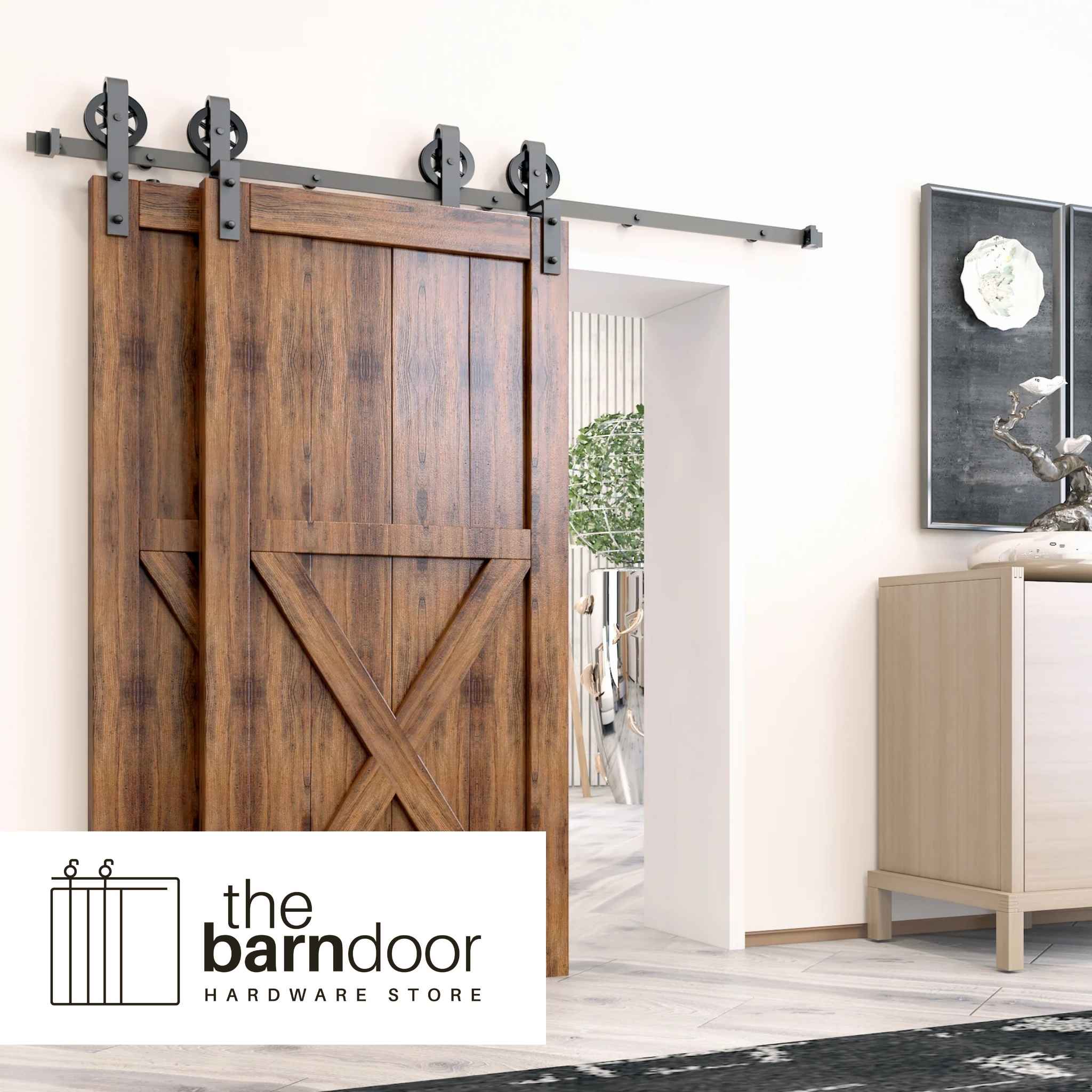 Spoke Wheel Black Single Bypass Barn Door Hardware