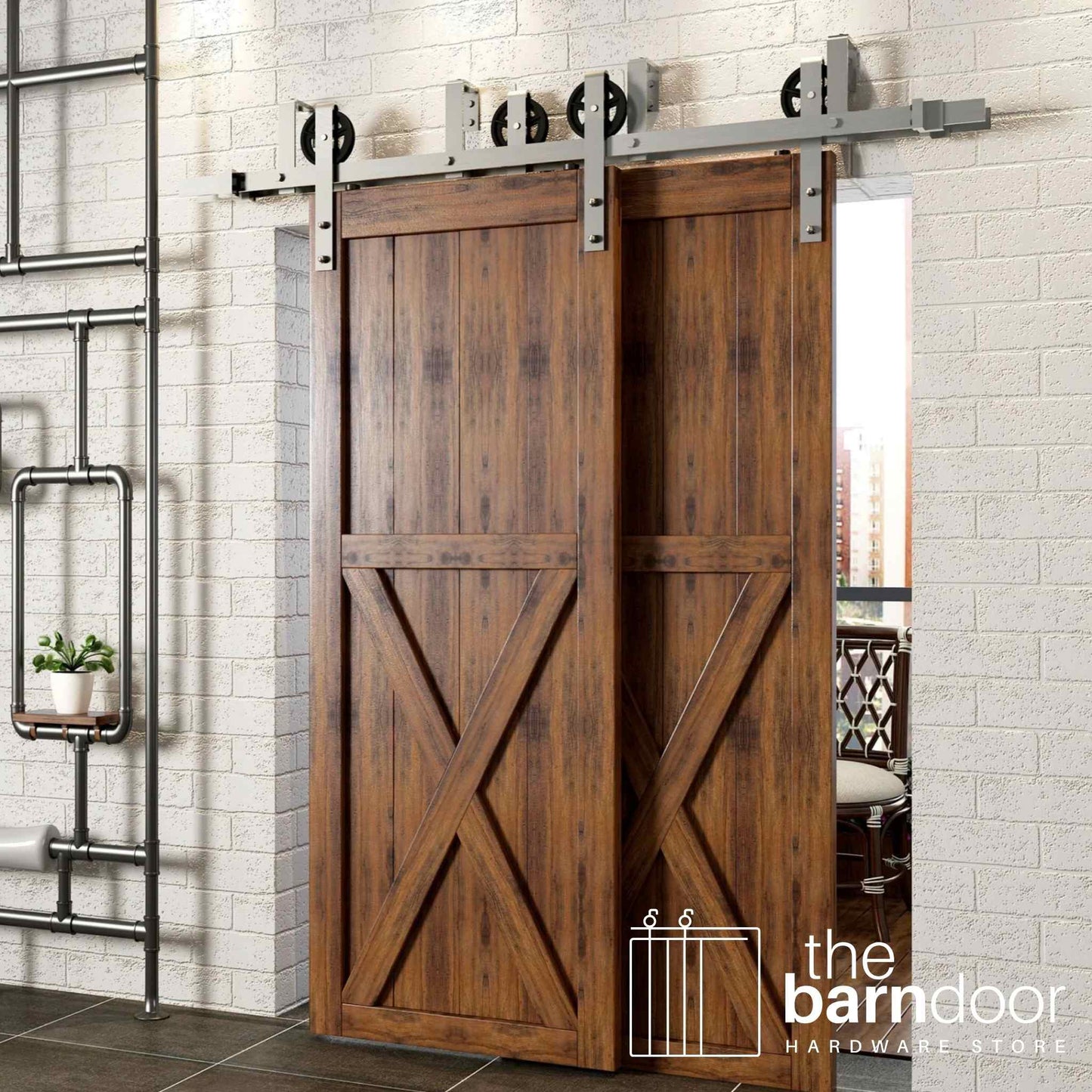 Spoke Wheel Brushed Nickel Double Track Bypass Barn Door Hardware Kit