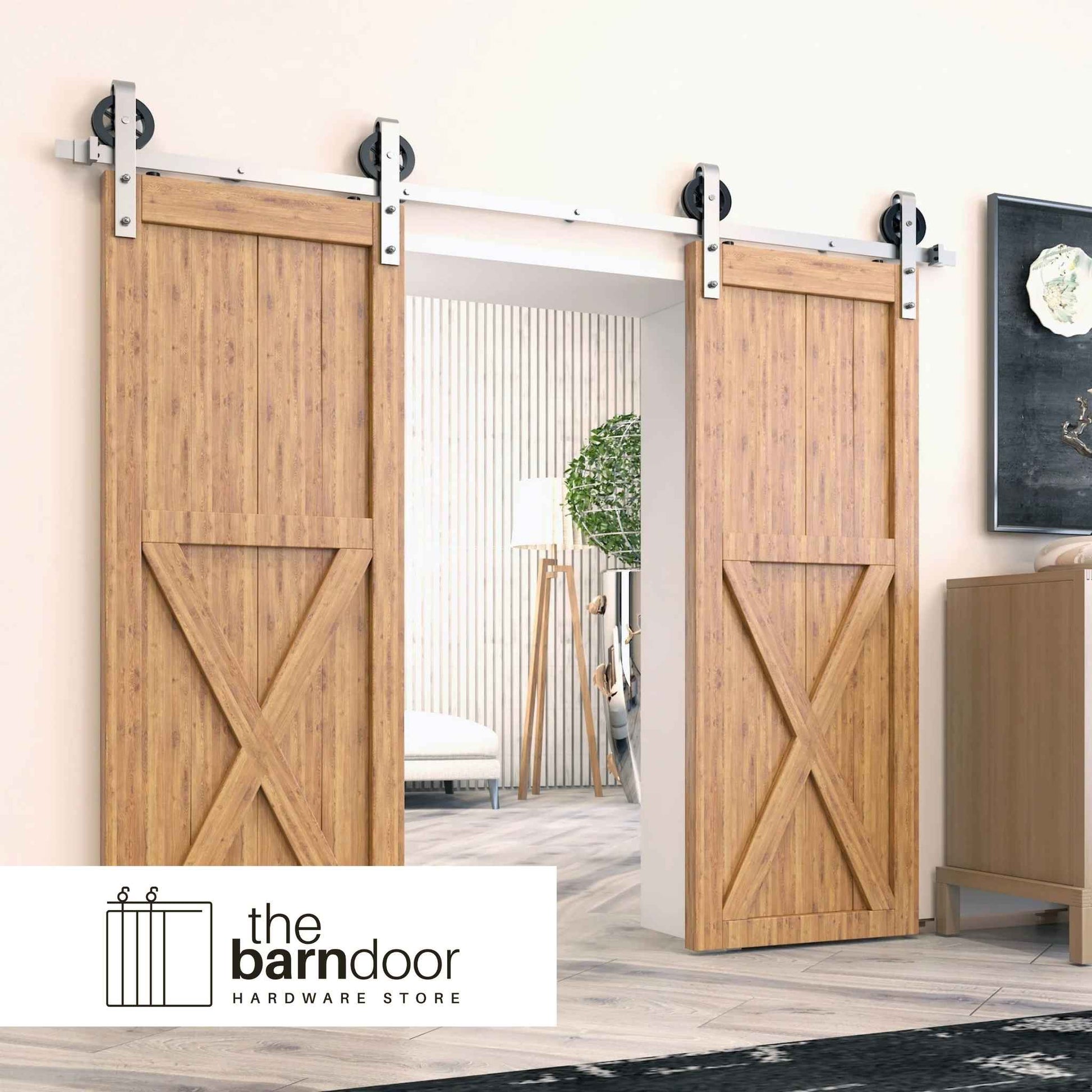 Spoke Wheel Brushed Nickel Barn Door Hardware Kit