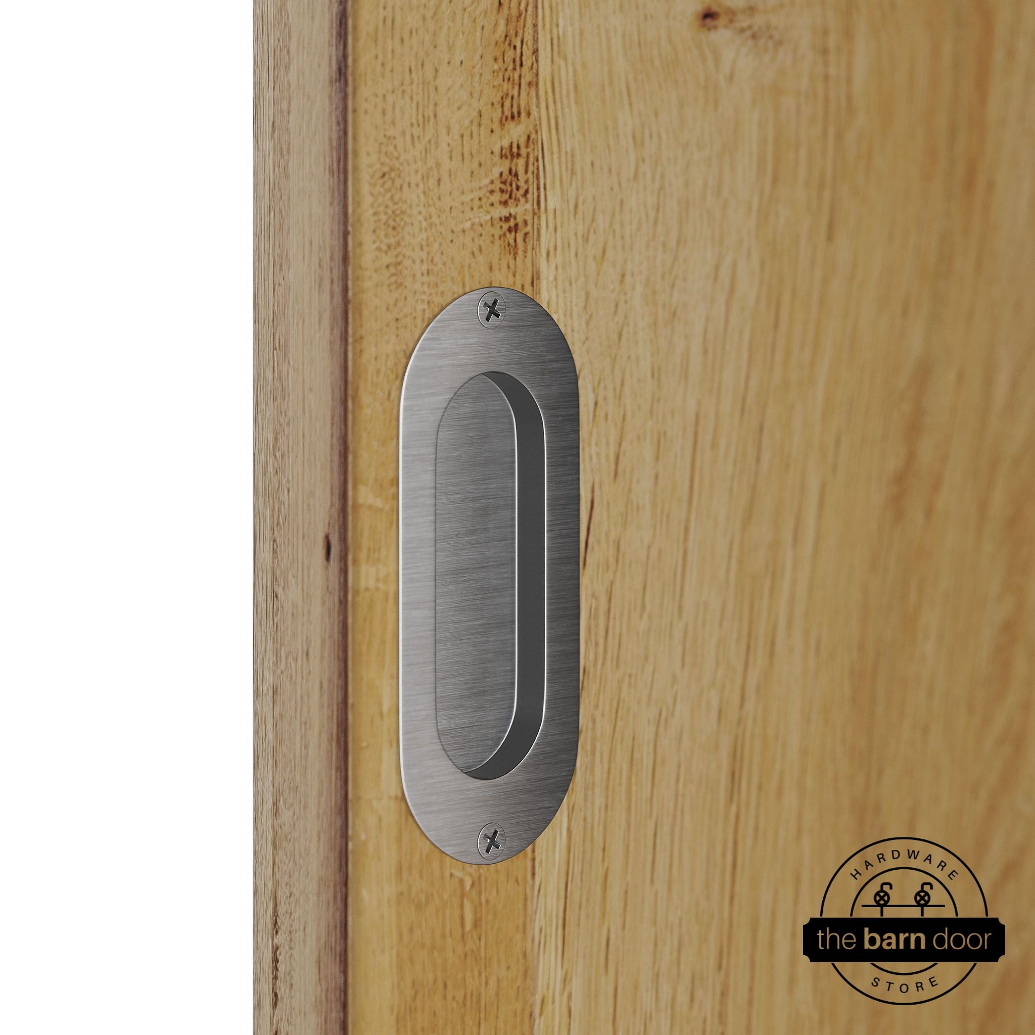 Stainless steel flush pull handle on a wooden door.