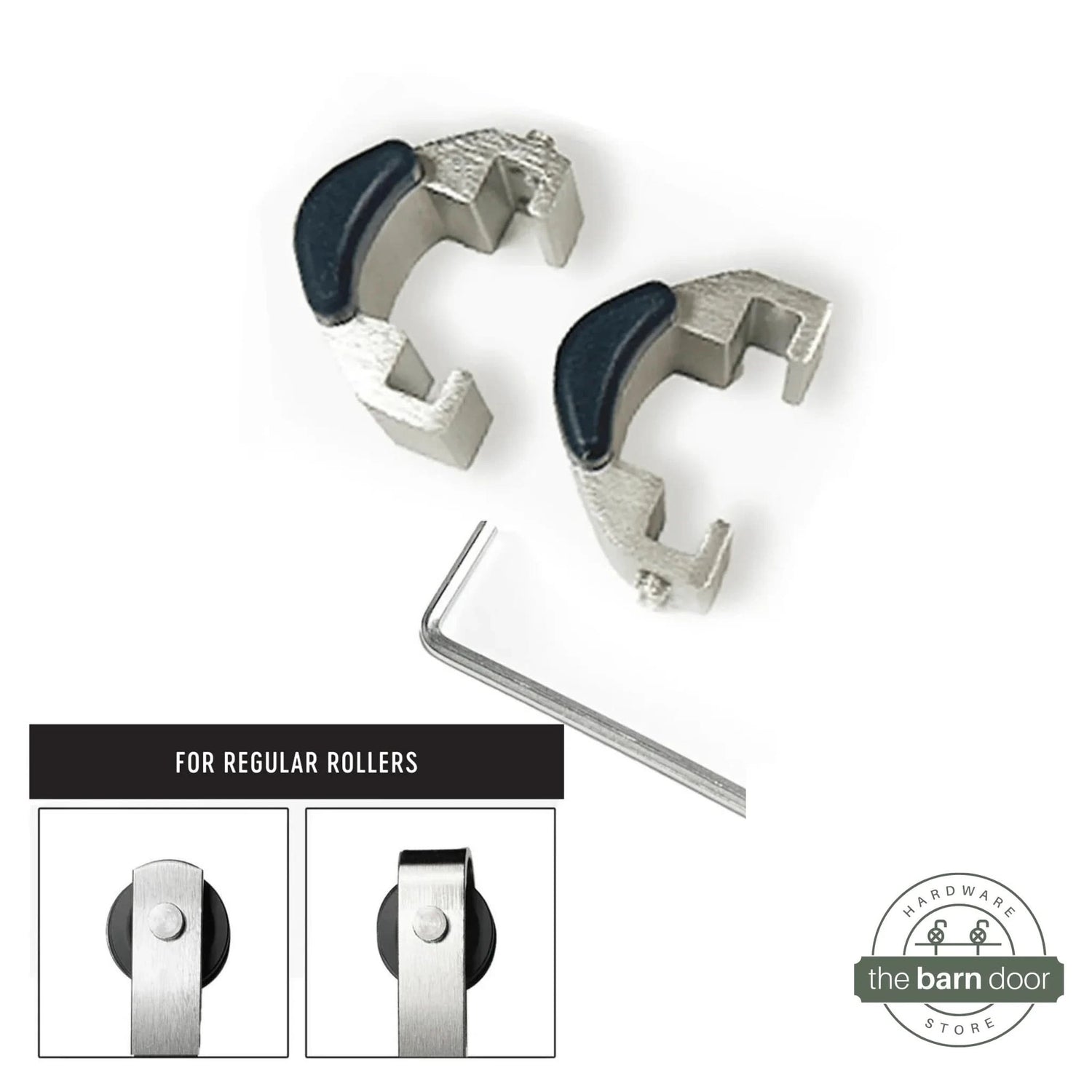 Adjustable barn door track stop components in white and gray, including two C-shaped clamps, rubber bumpers, and an allen wrench, for regular rollers. By The Barn Door Hardware Store.