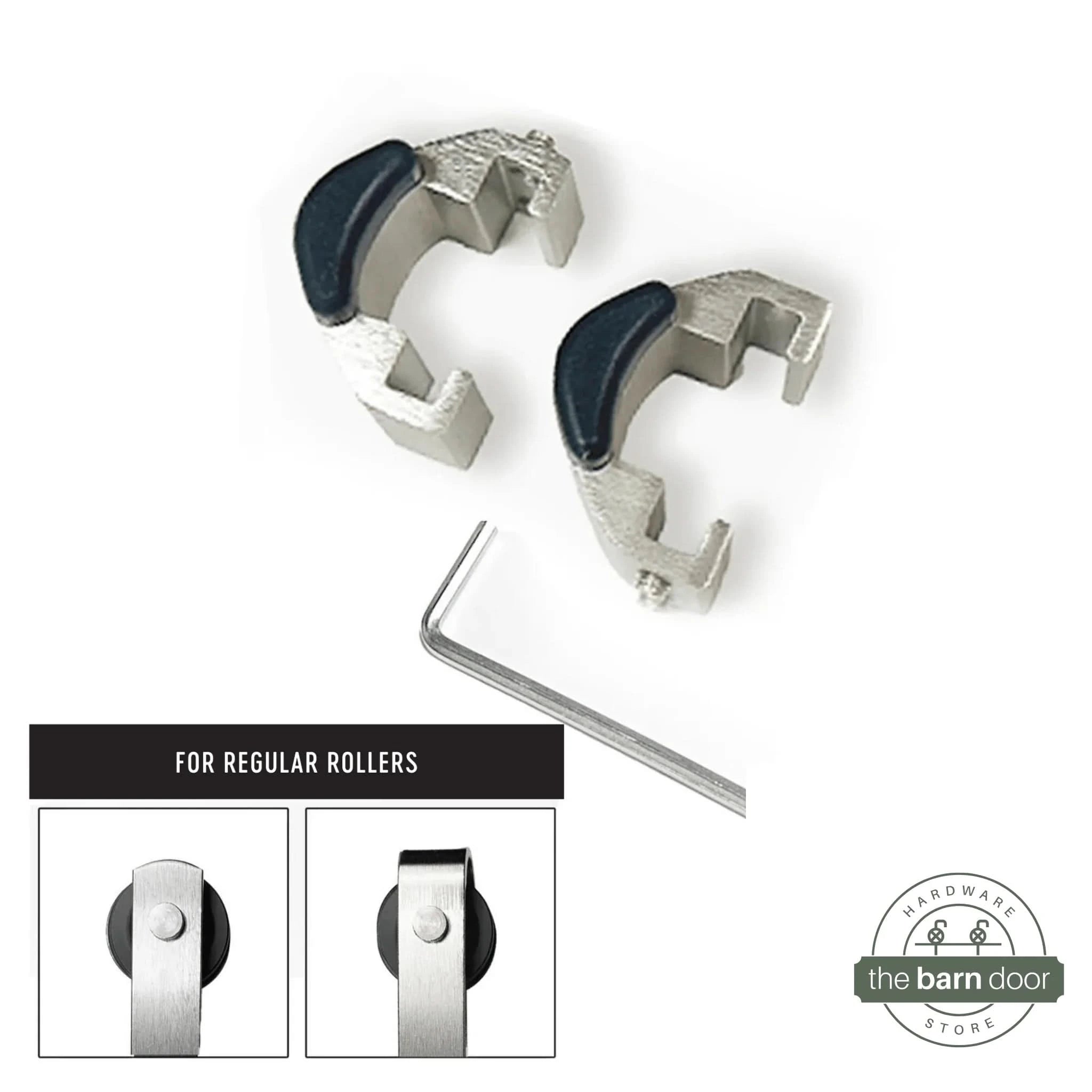 Adjustable barn door track stop components in white and gray, including two C-shaped clamps, rubber bumpers, and an allen wrench, for regular rollers. By The Barn Door Hardware Store.