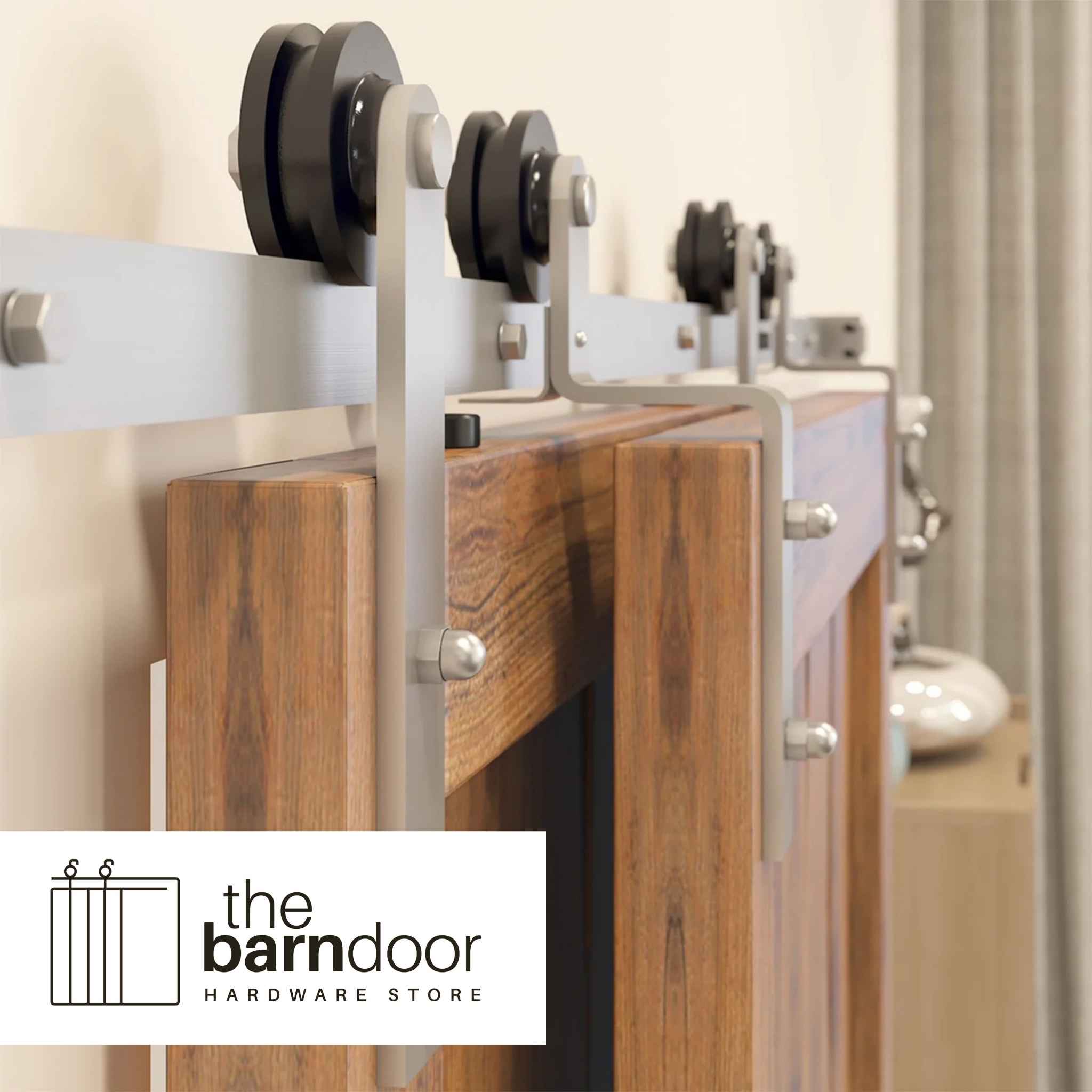 Straight Brushed Nickel Single Bypass Barn Door Hardware