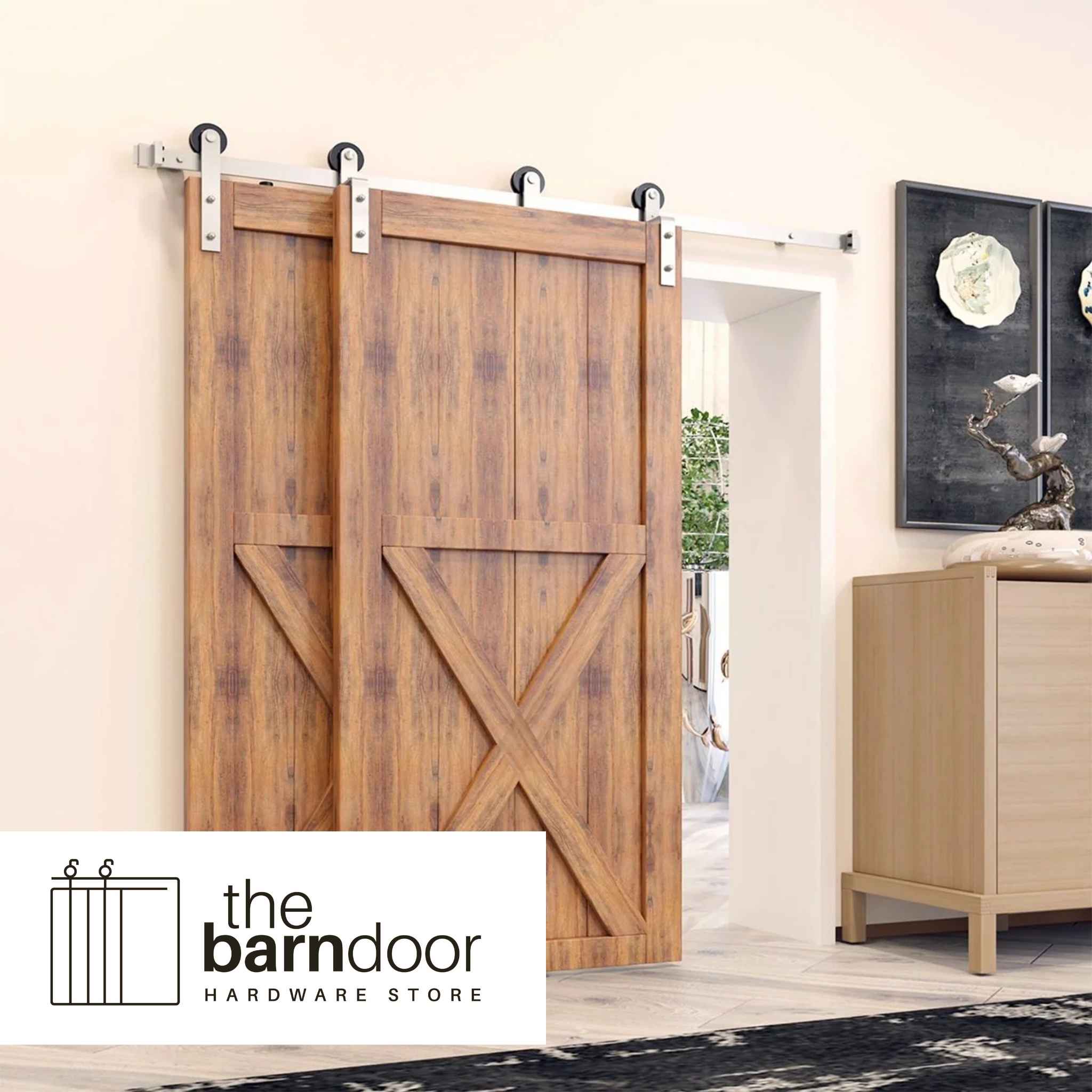 Straight Brushed Nickel Single Bypass Barn Door Hardware